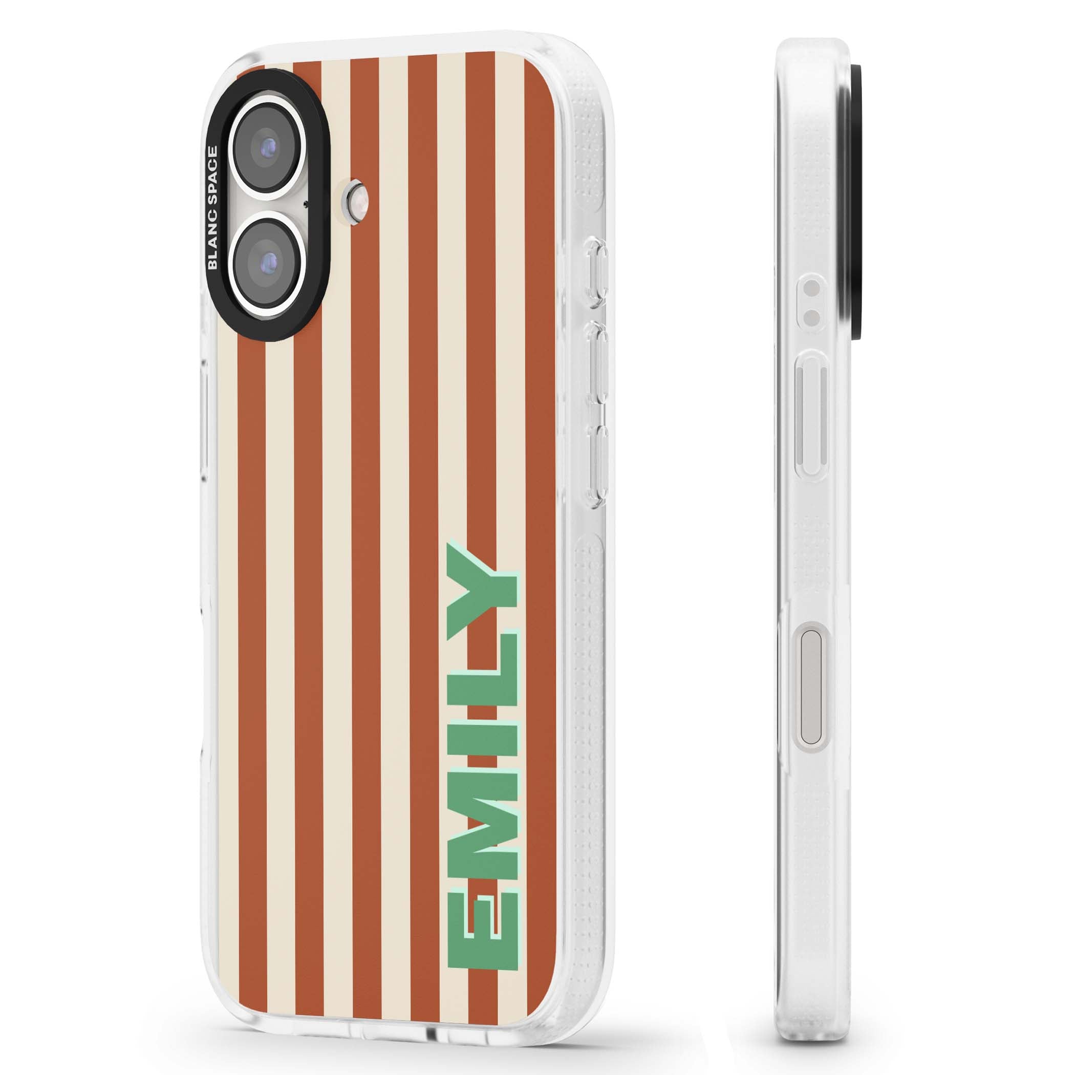 Dune Stripe personalised iPhone case with rust and cream vertical stripes and custom name in mint green | Clear Case Impact Air case for iPhone 16, iPhone 16 Plus