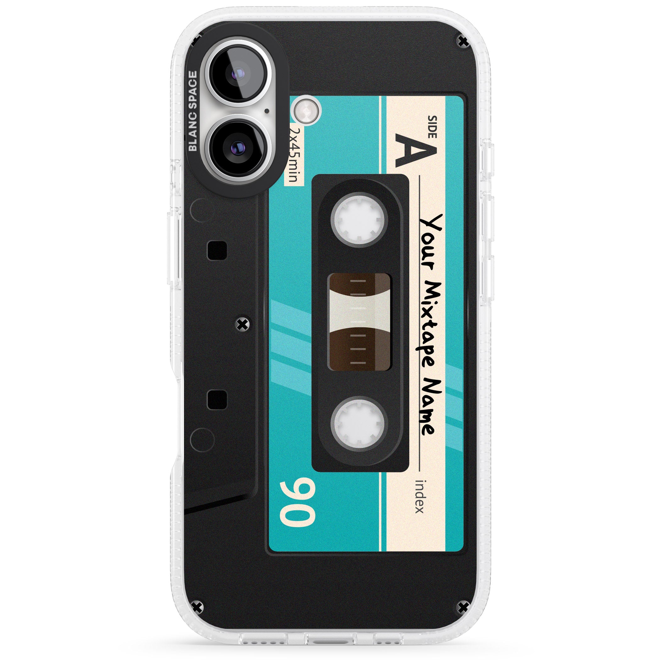 Personalised Dark Cassette iPhone 16 / 16 Plus Clear Case Impact Air - Blanc Space