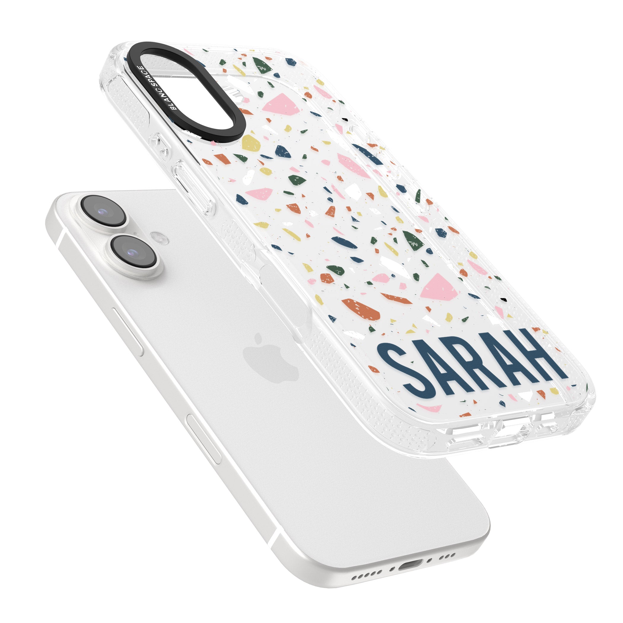 Personalised Terrazzo iPhone 16 / 16 Plus Clear Case Impact Air - Blanc Space