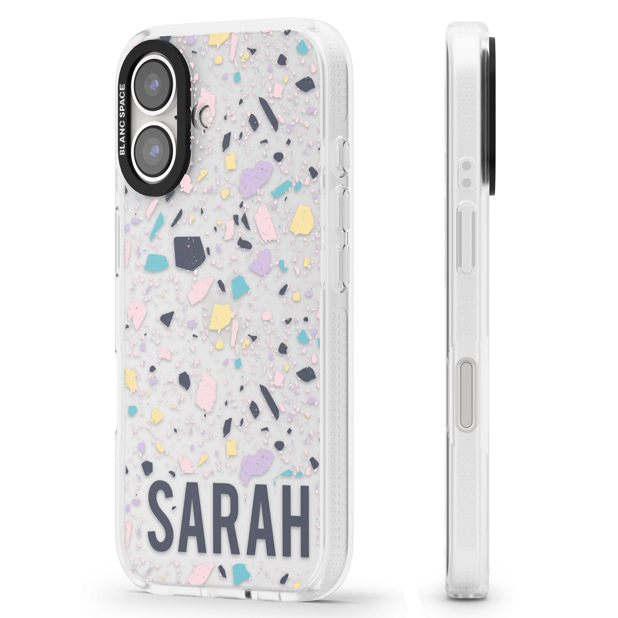 Personalised Terrazzo - Pink, Purple, Blue iPhone 16 / 16 Plus Clear Case Impact Air - Blanc Space