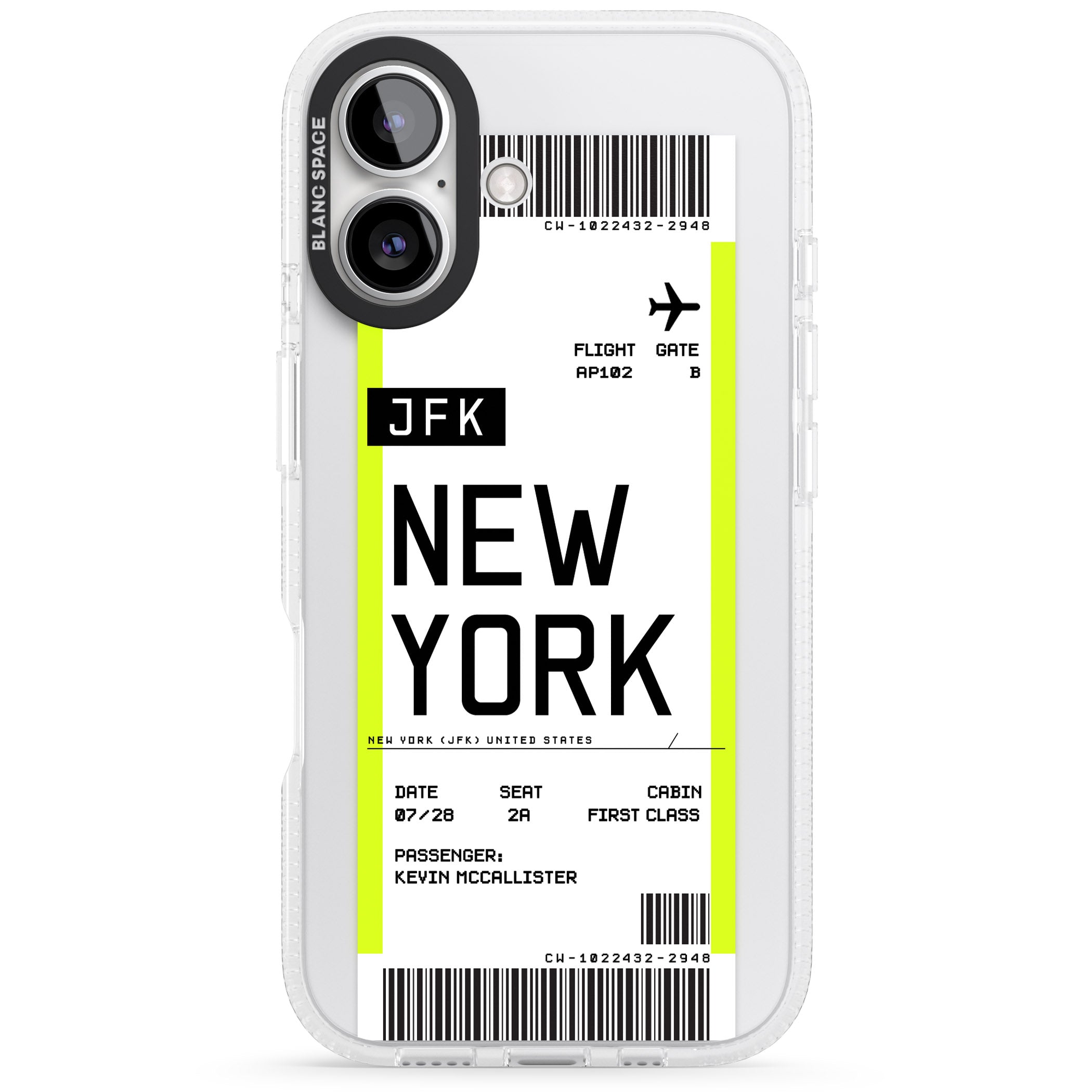 Personalised New York Boarding Pass iPhone 16 / 16 Plus Clear Case Impact Air - Blanc Space