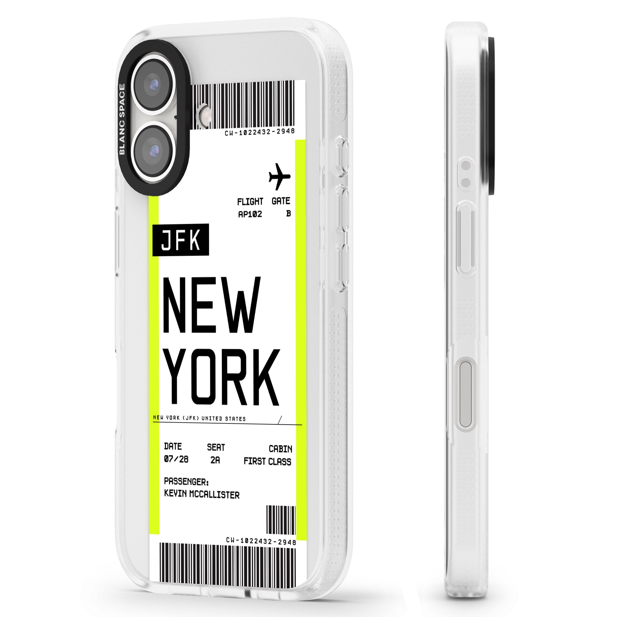 Personalised New York Boarding Pass iPhone 16 / 16 Plus Clear Case Impact Air - Blanc Space