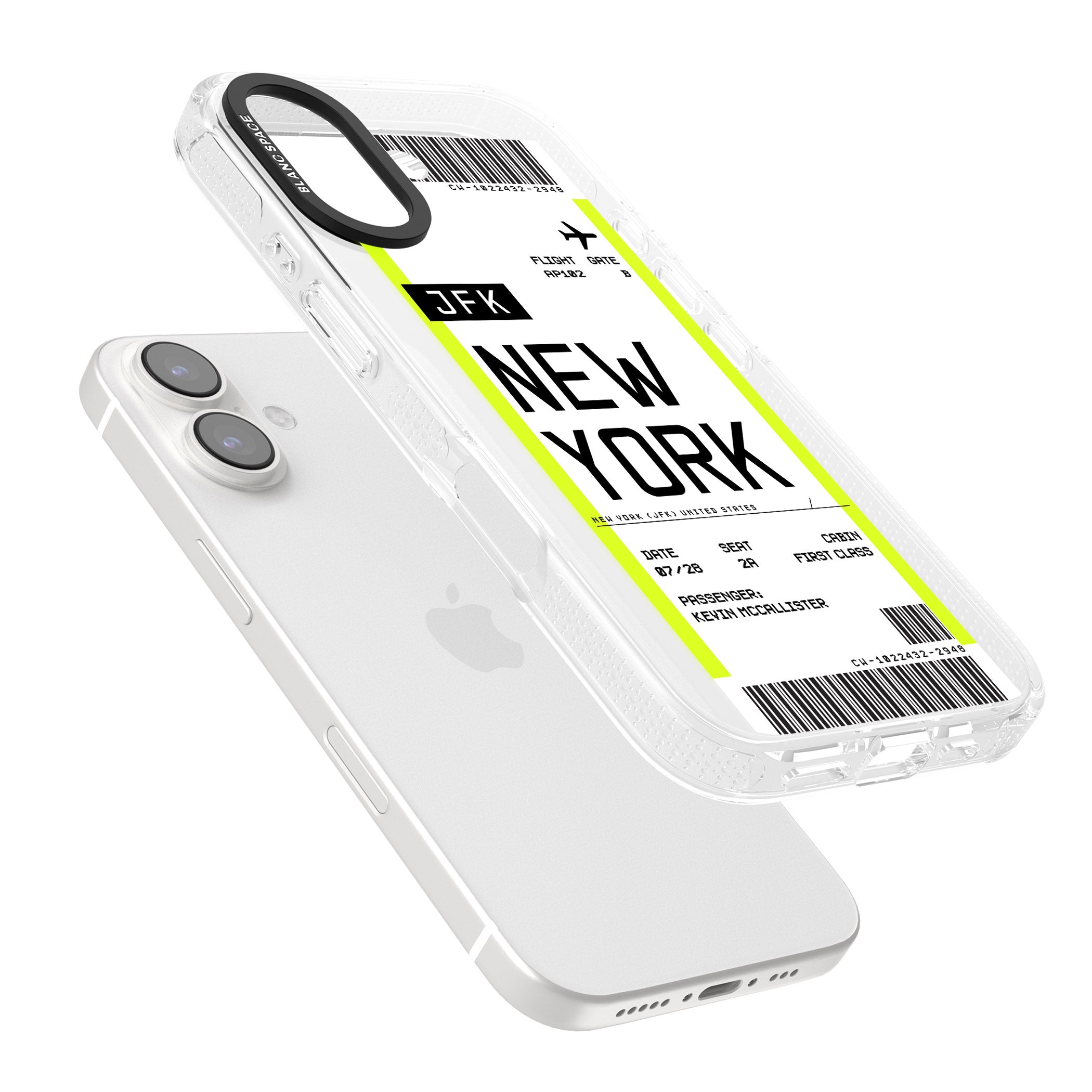 Personalised New York Boarding Pass iPhone 16 / 16 Plus Clear Case Impact Air - Blanc Space