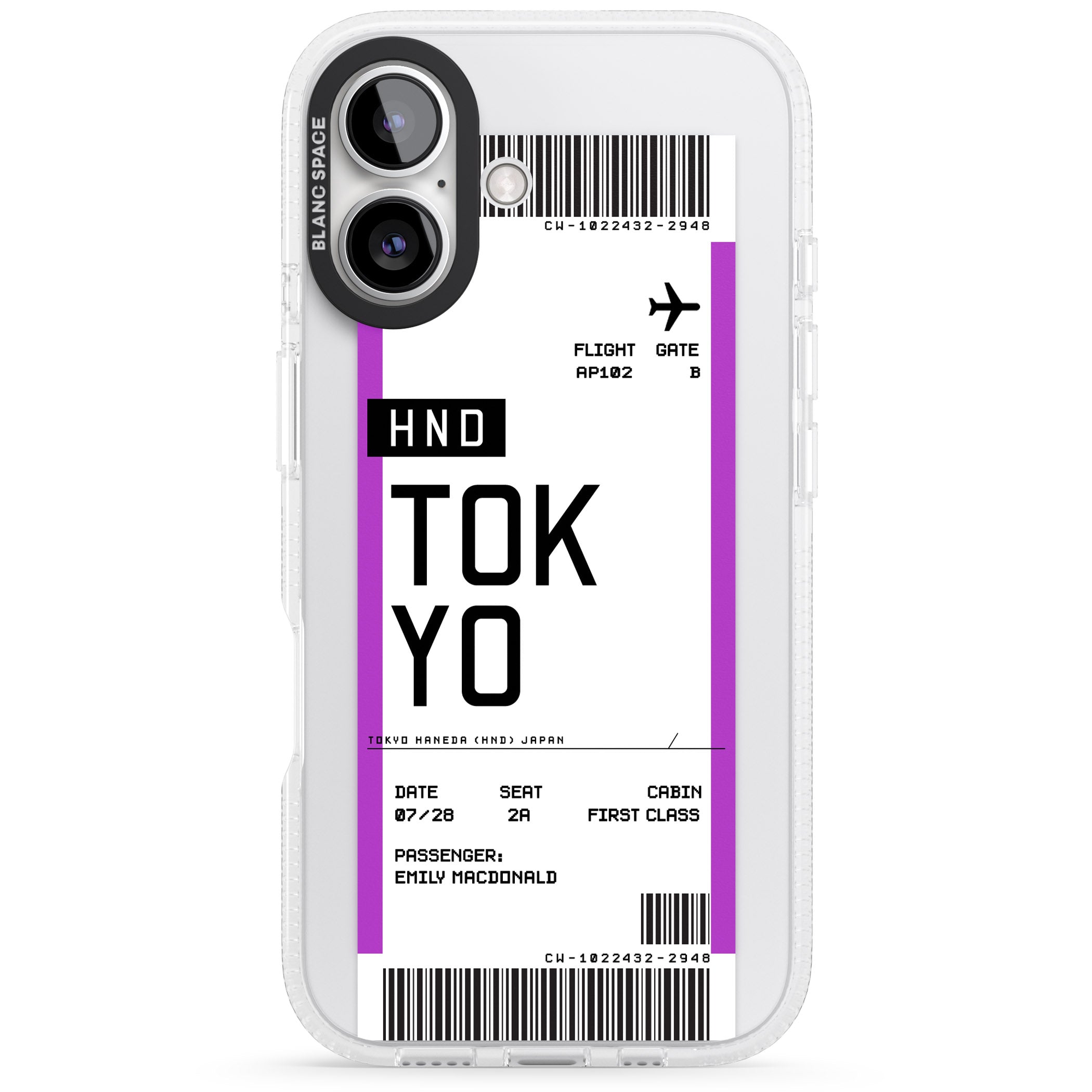 Personalised Tokyo Boarding Pass iPhone 16 / 16 Plus Clear Case Impact Air - Blanc Space