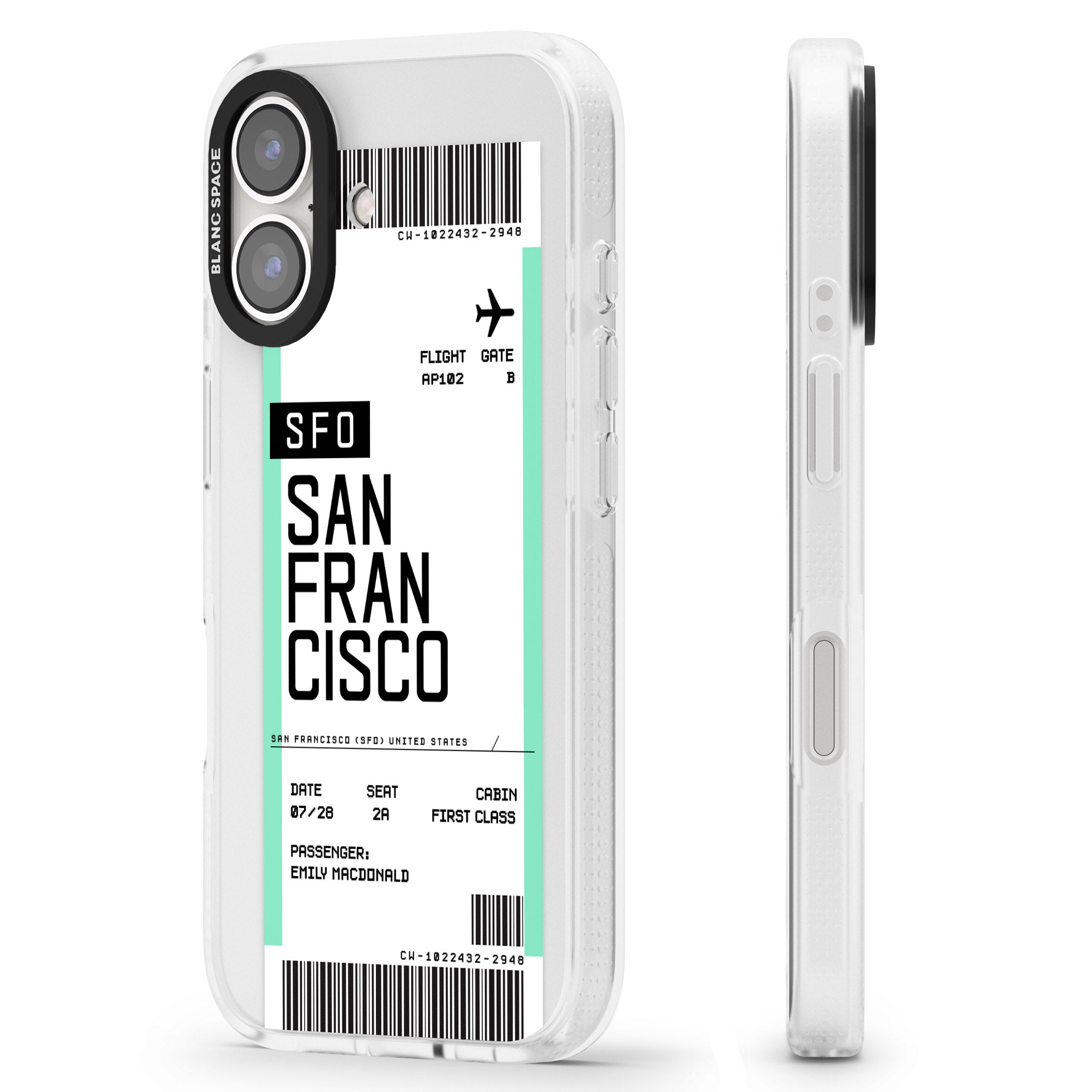 Personalised San Francisco Boarding Pass iPhone 16 / 16 Plus Clear Case Impact Air - Blanc Space
