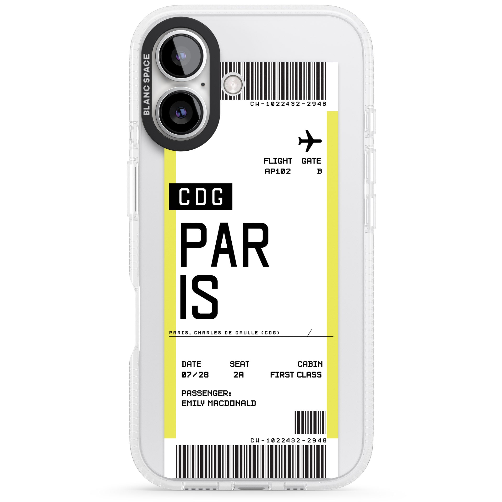 Personalised Paris Boarding Pass iPhone 16 / 16 Plus Clear Case Impact Air - Blanc Space