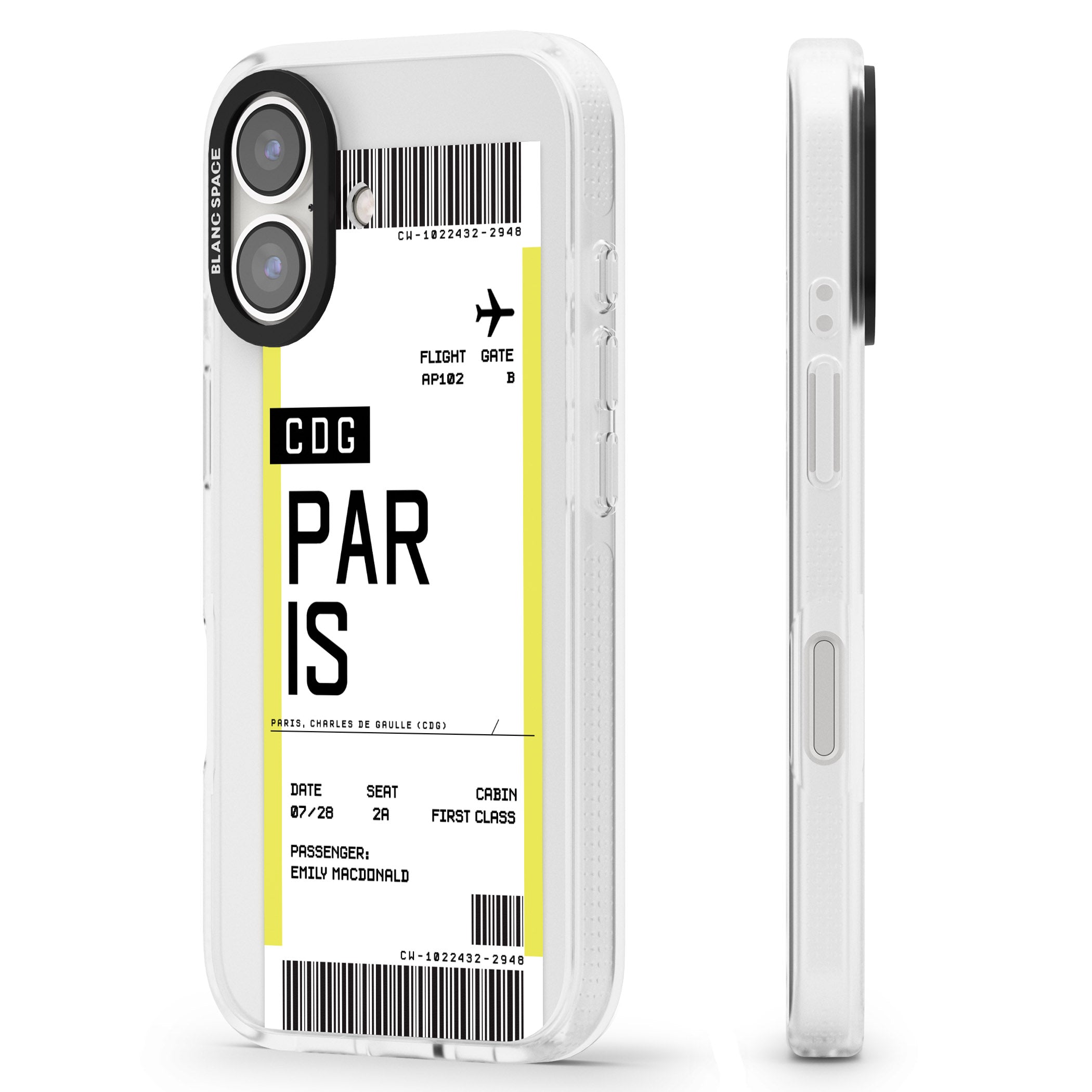 Personalised Paris Boarding Pass iPhone 16 / 16 Plus Clear Case Impact Air - Blanc Space