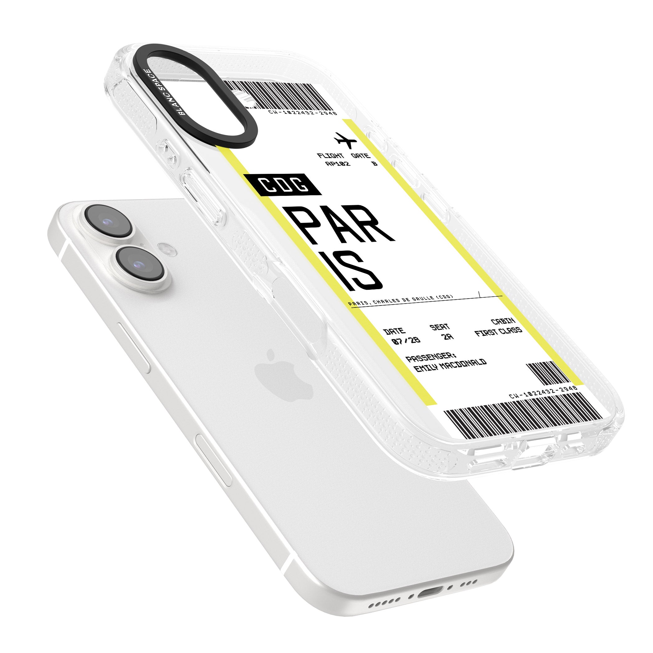 Personalised Paris Boarding Pass iPhone 16 / 16 Plus Clear Case Impact Air - Blanc Space