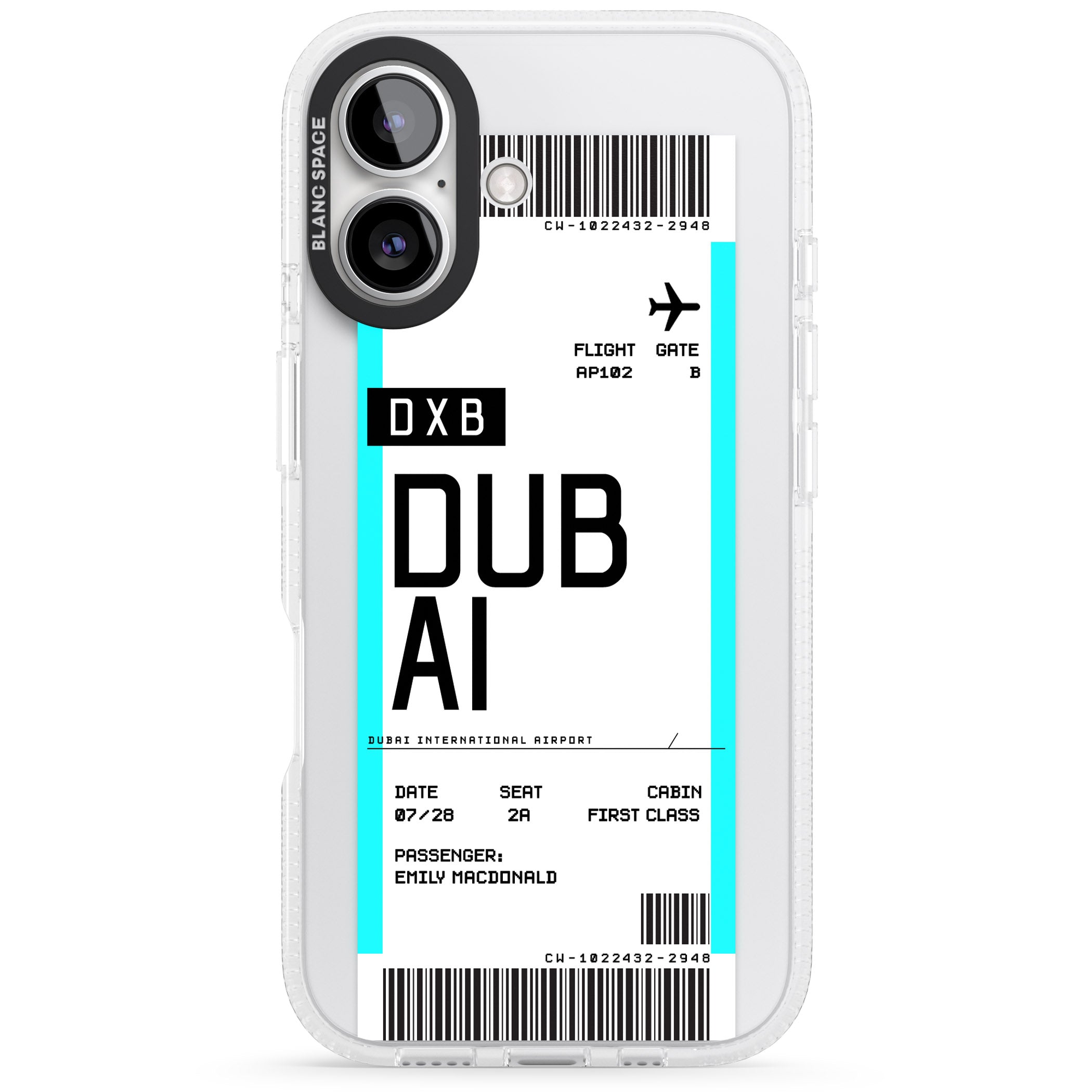 Personalised Dubai Boarding Pass iPhone 16 / 16 Plus Clear Case Impact Air - Blanc Space