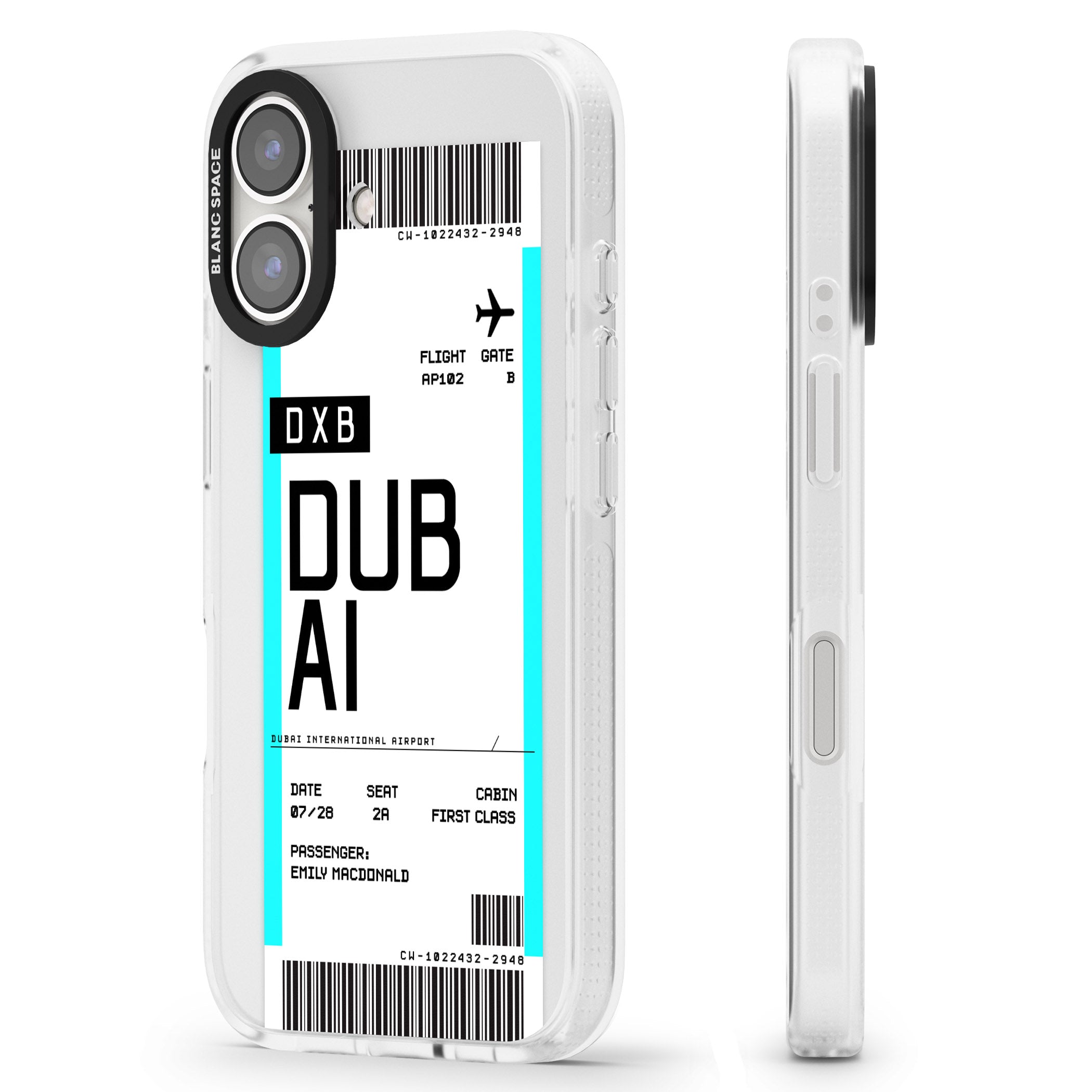 Personalised Dubai Boarding Pass iPhone 16 / 16 Plus Clear Case Impact Air - Blanc Space