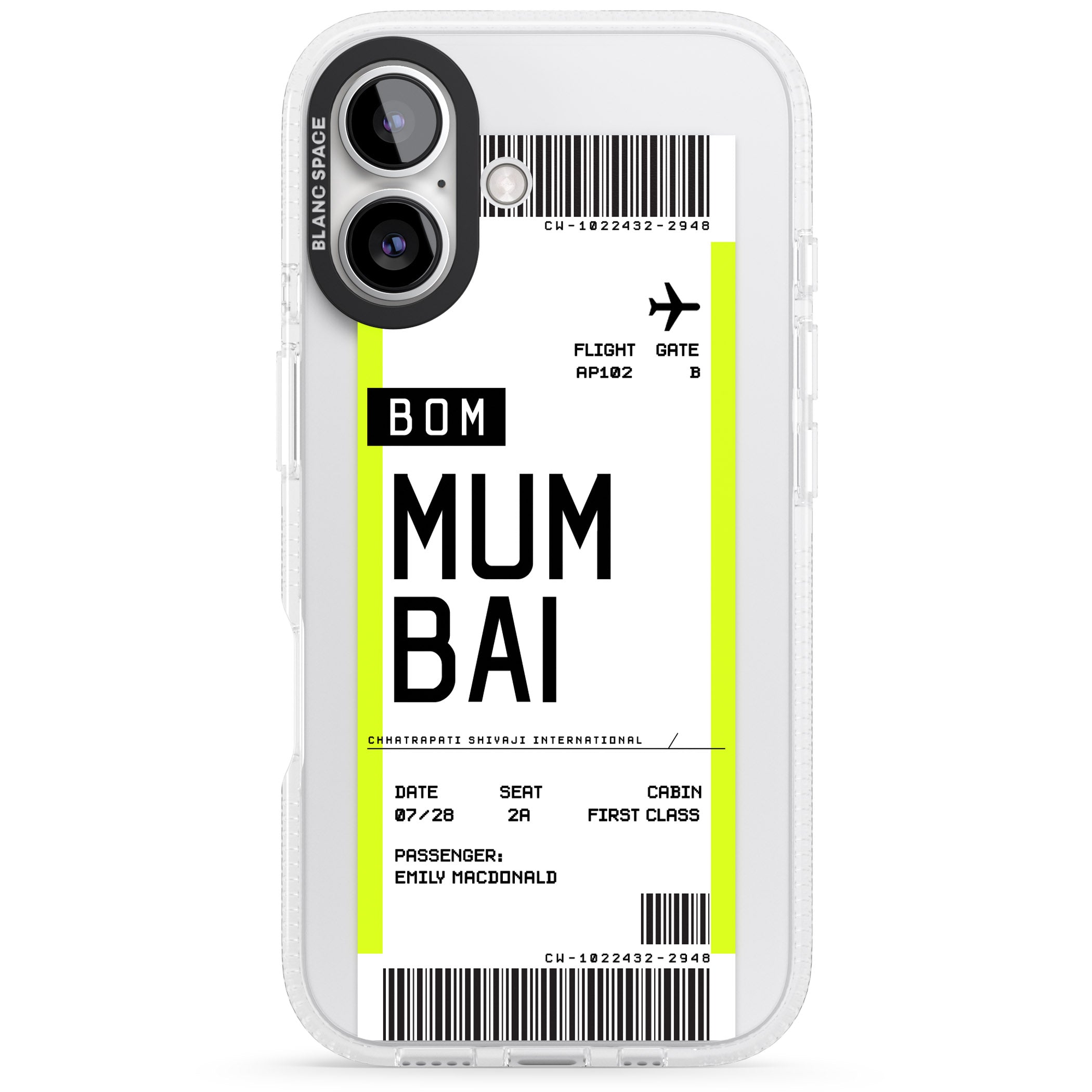 Personalised Mumbai Boarding Pass iPhone 16 / 16 Plus Clear Case Impact Air - Blanc Space