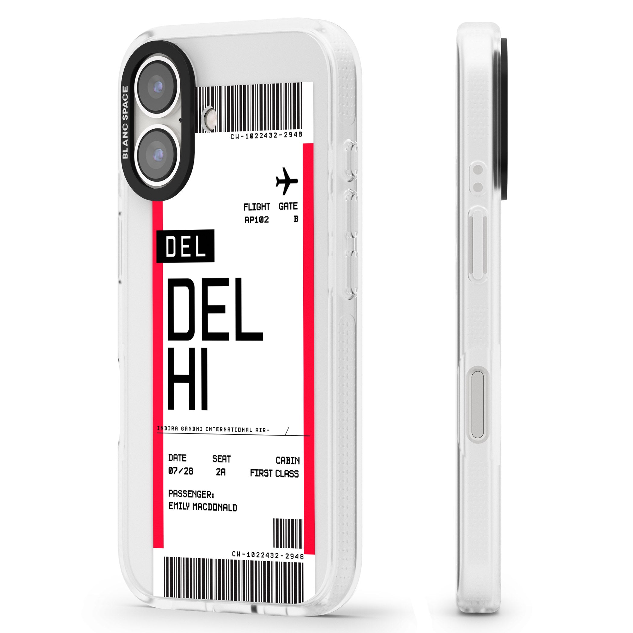 Personalised Delhi Boarding Pass iPhone 16 / 16 Plus Clear Case Impact Air - Blanc Space