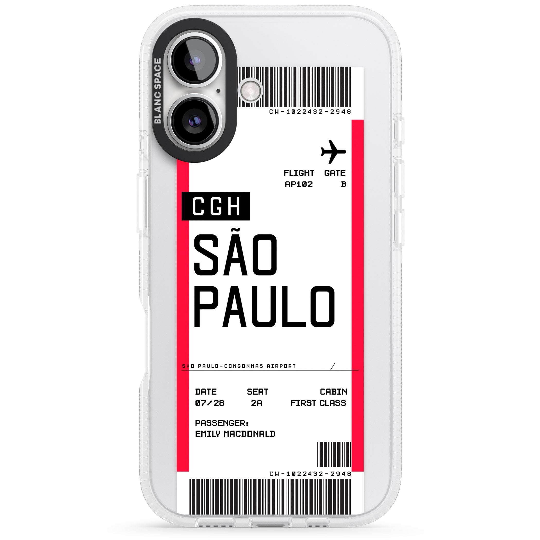 Personalised São Paulo Boarding Pass iPhone 16 / 16 Plus Clear Case Impact Air - Blanc Space