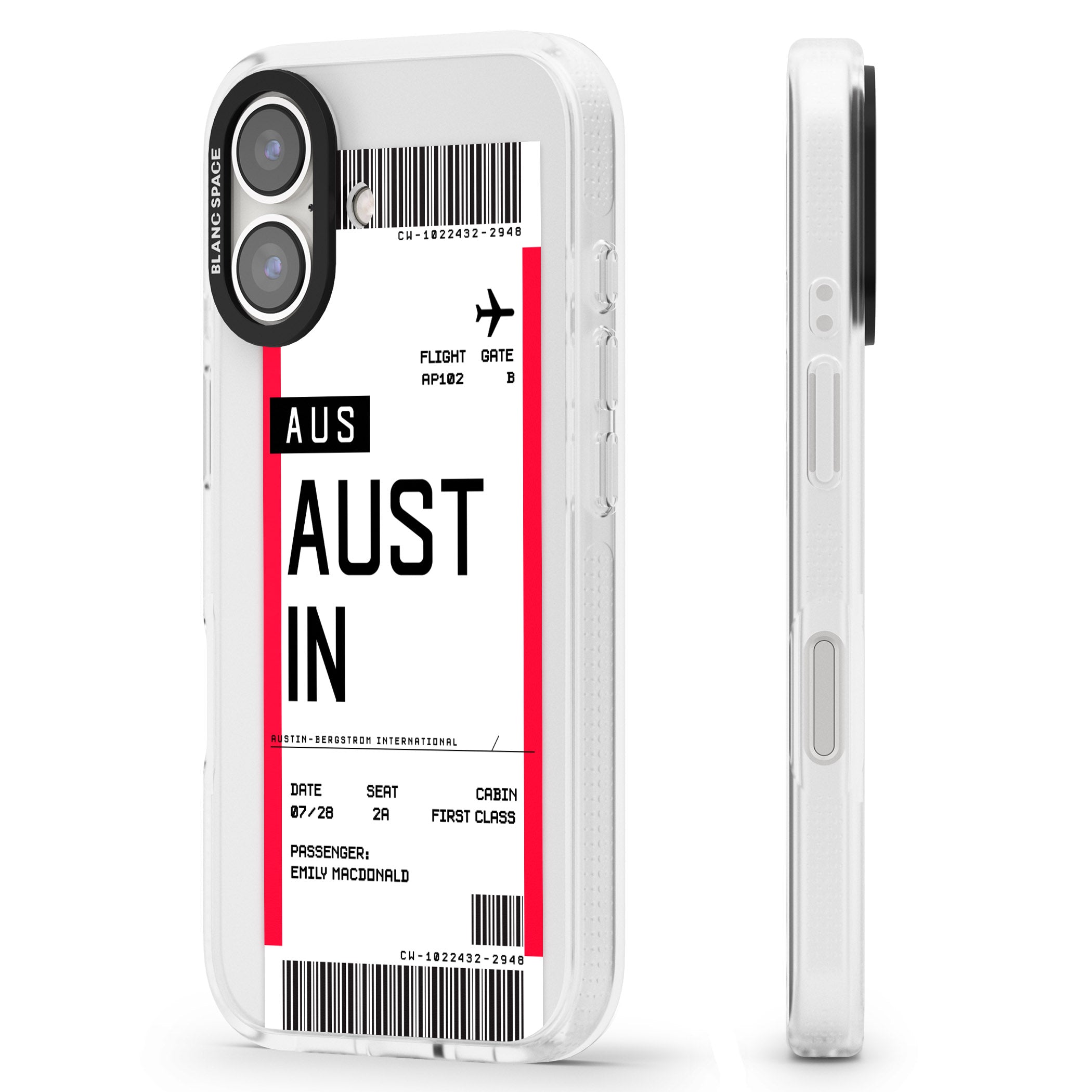 Personalised Austin Boarding Pass iPhone 16 / 16 Plus Clear Case Impact Air - Blanc Space
