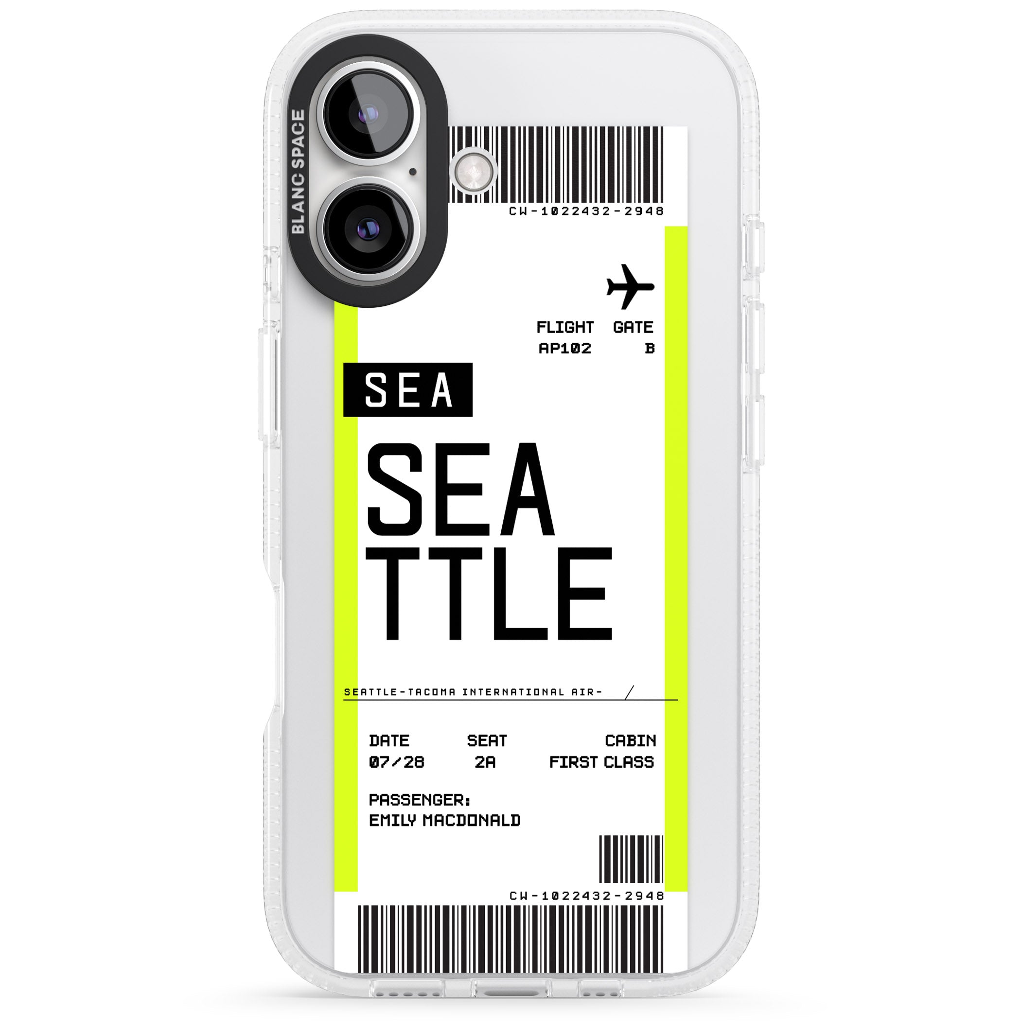 Personalised Seattle Boarding Pass iPhone 16 / 16 Plus Clear Case Impact Air - Blanc Space