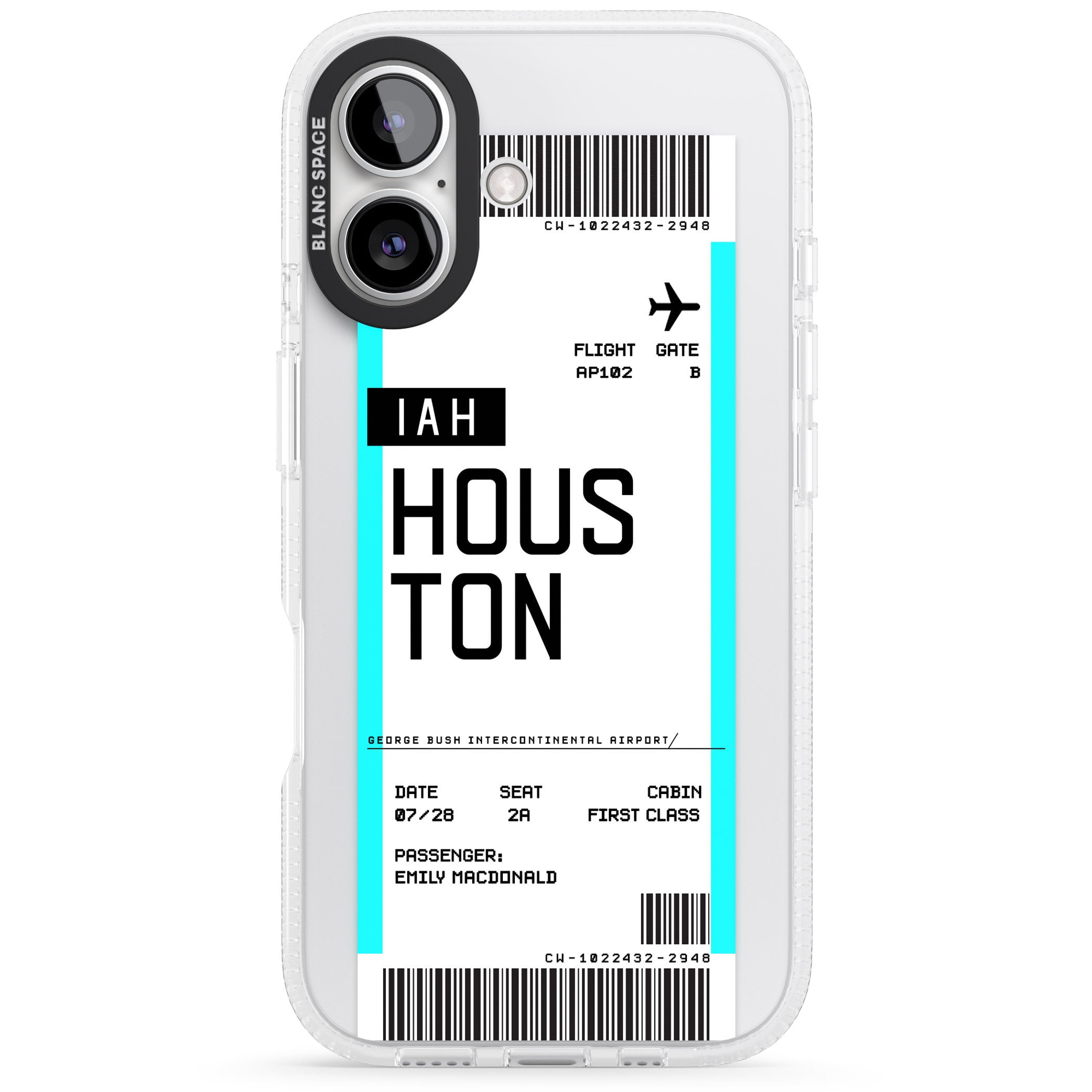 Personalised Houston Boarding Pass iPhone 16 / 16 Plus Clear Case Impact Air - Blanc Space