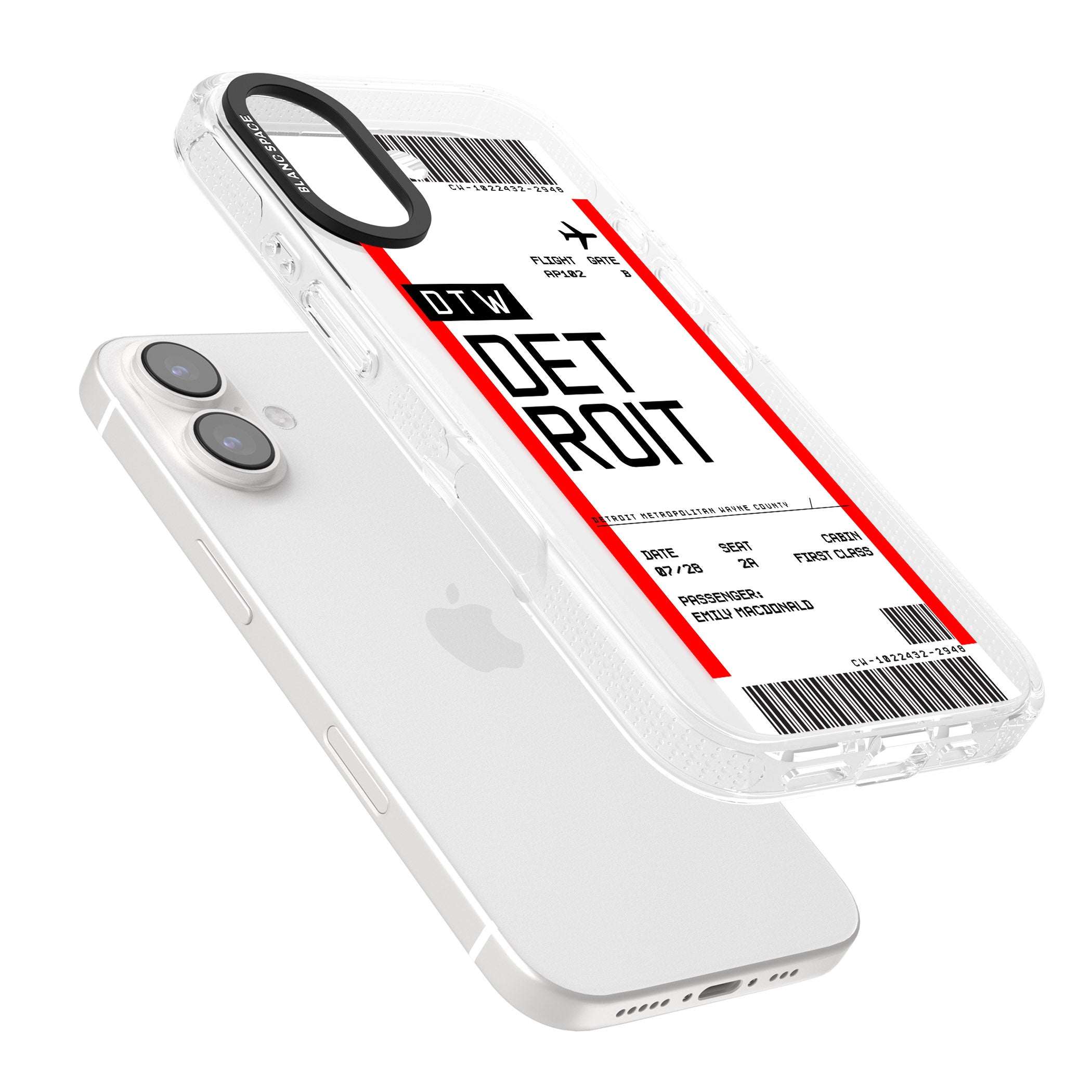 Personalised Detroit Boarding Pass iPhone 16 / 16 Plus Clear Case Impact Air - Blanc Space