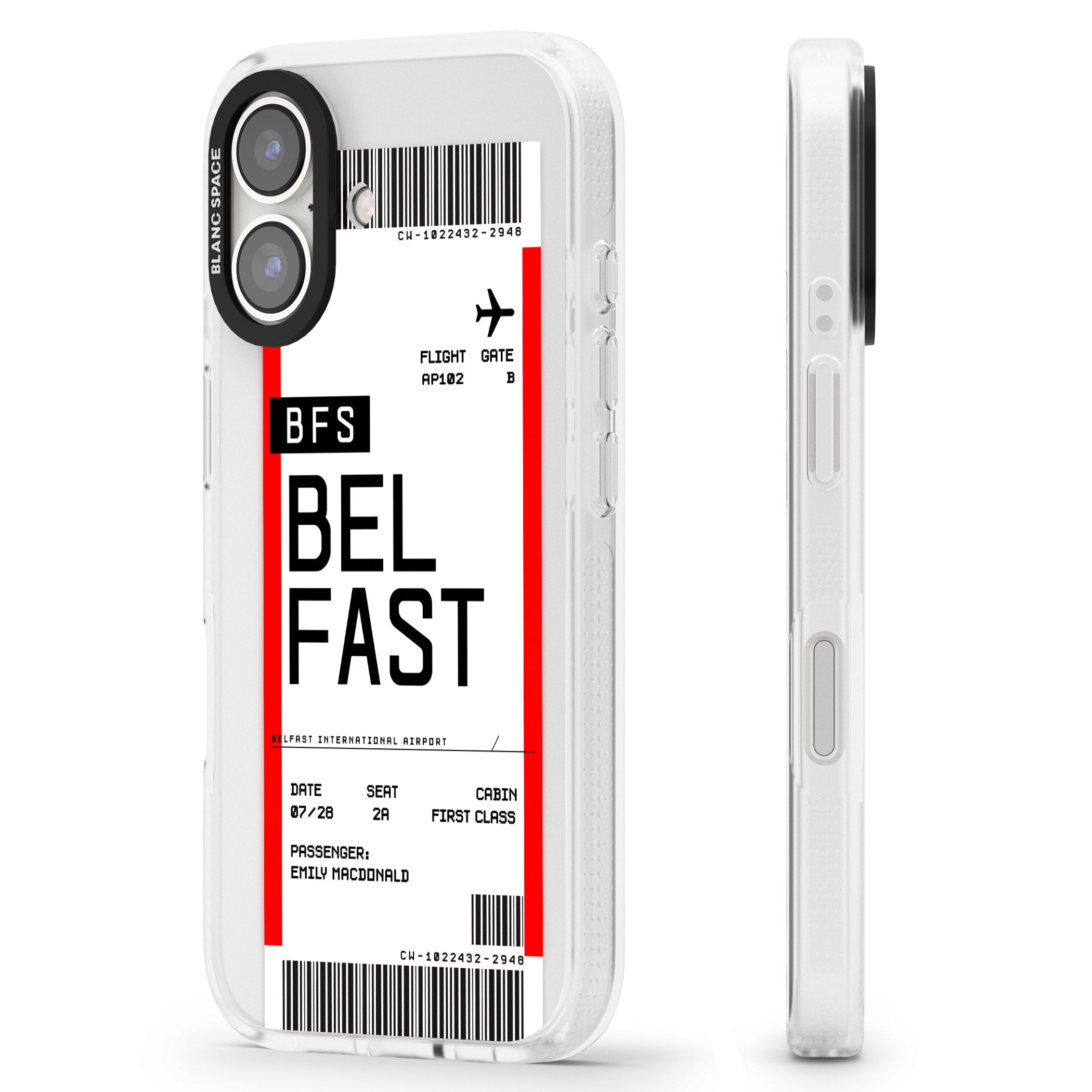 Personalised Belfast Boarding Pass iPhone 16 / 16 Plus Clear Case Impact Air - Blanc Space