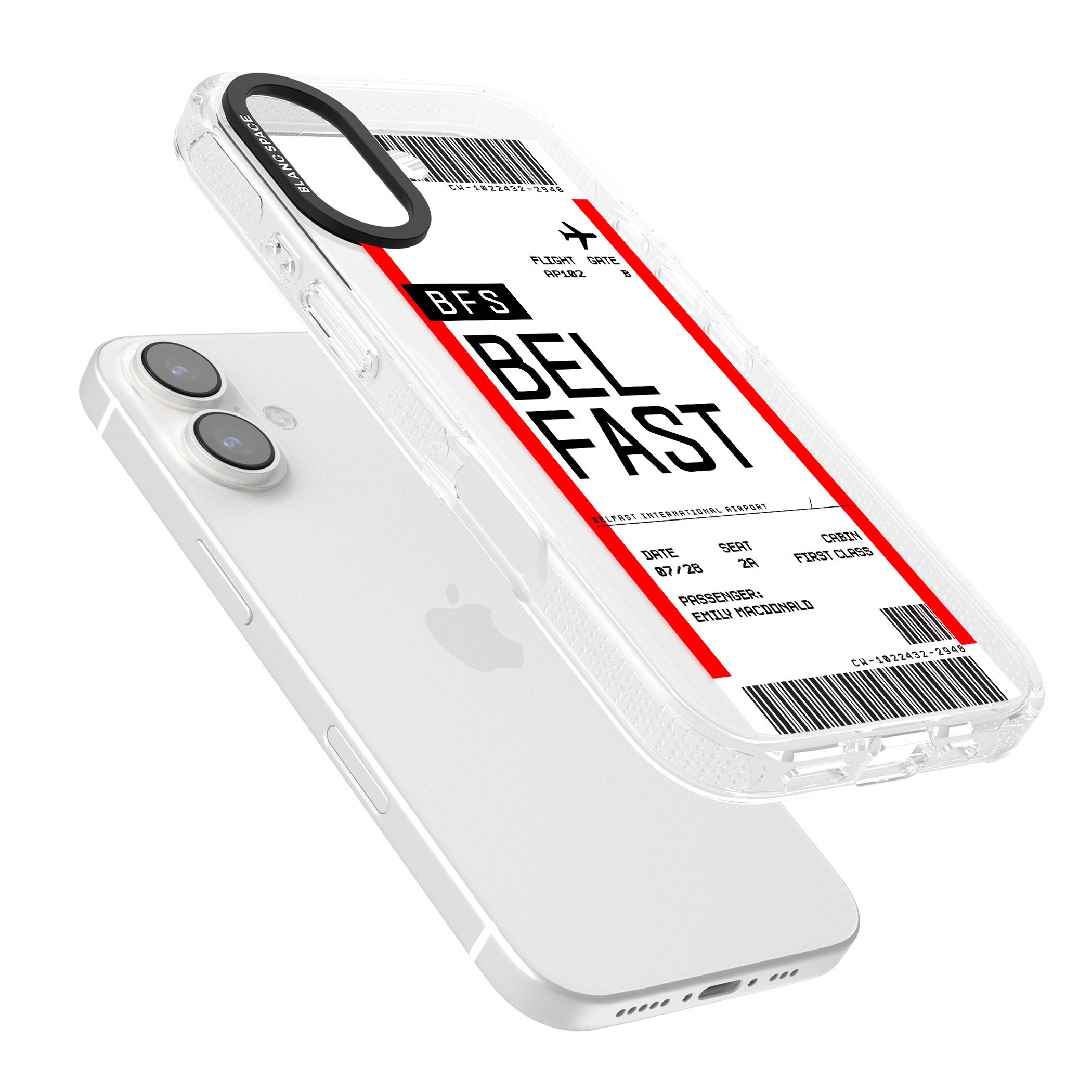 Personalised Belfast Boarding Pass iPhone 16 / 16 Plus Clear Case Impact Air - Blanc Space