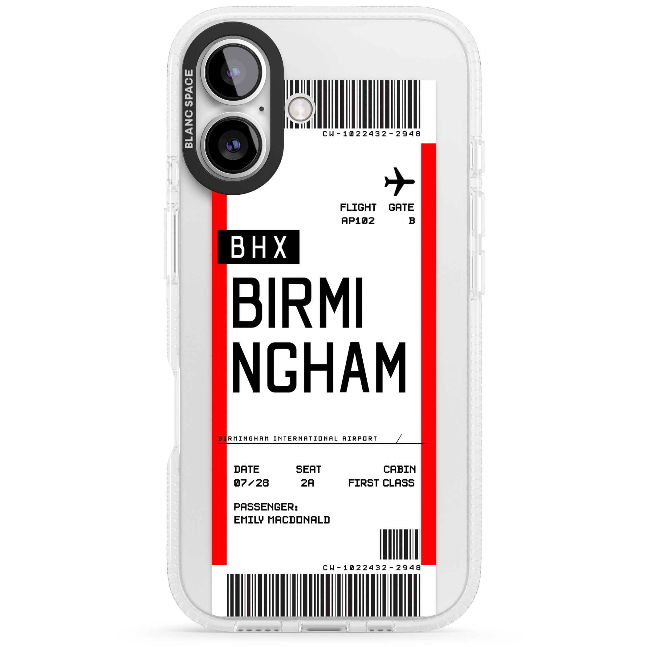 Personalised Birmingham Boarding Pass iPhone 16 / 16 Plus Clear Case Impact Air - Blanc Space