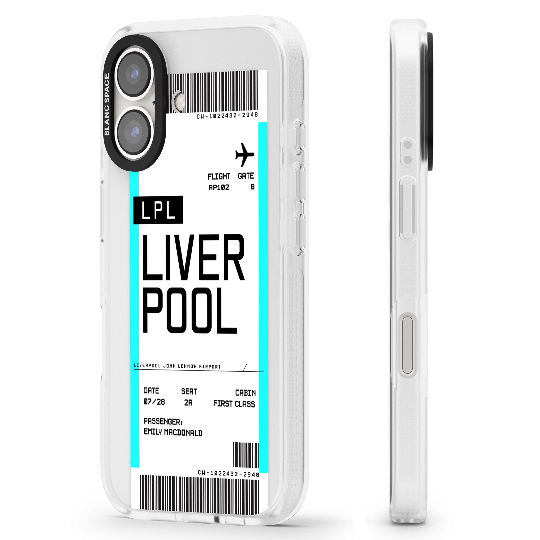 Personalised Liverpool Boarding Pass iPhone 16 / 16 Plus Clear Case Impact Air - Blanc Space