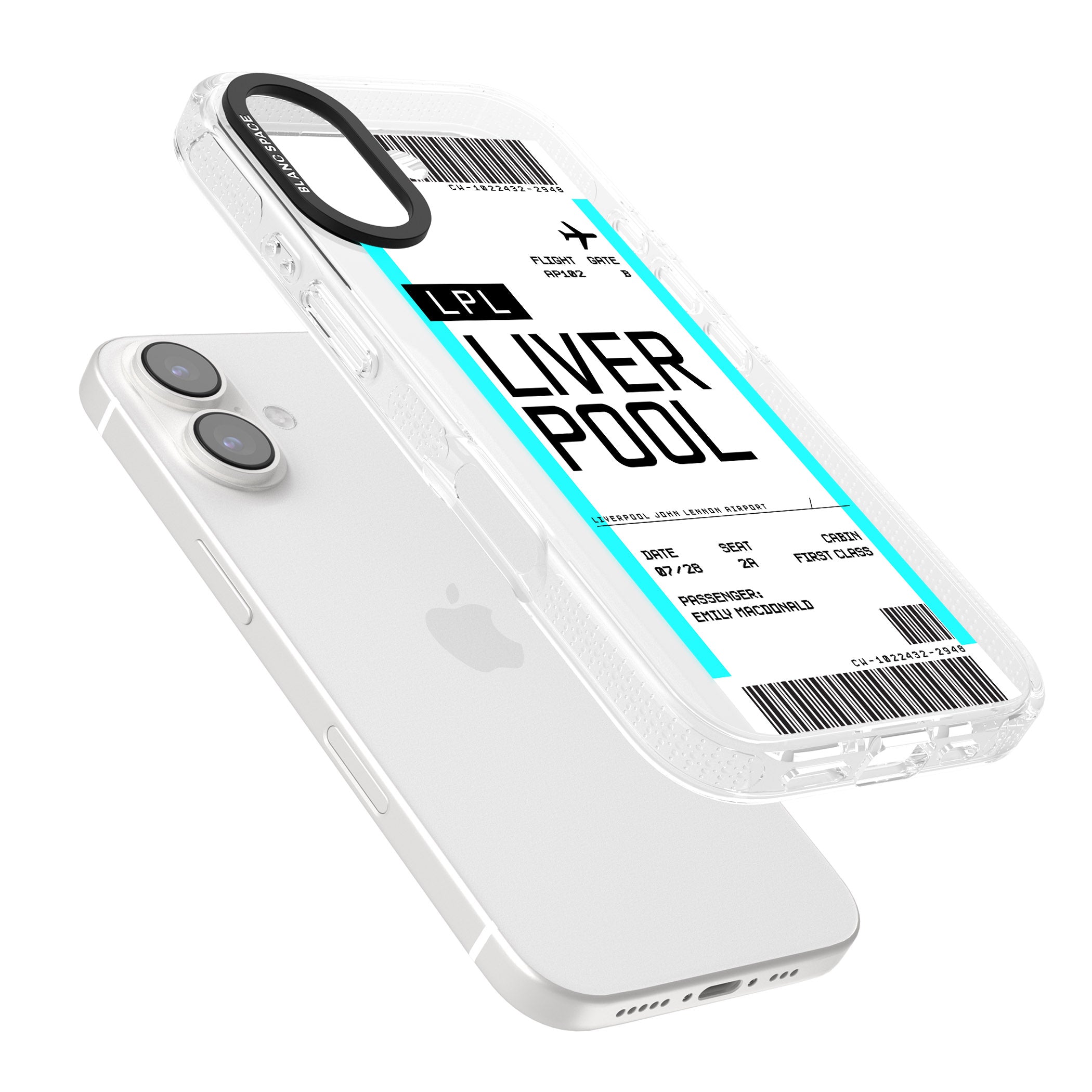 Personalised Liverpool Boarding Pass iPhone 16 / 16 Plus Clear Case Impact Air - Blanc Space