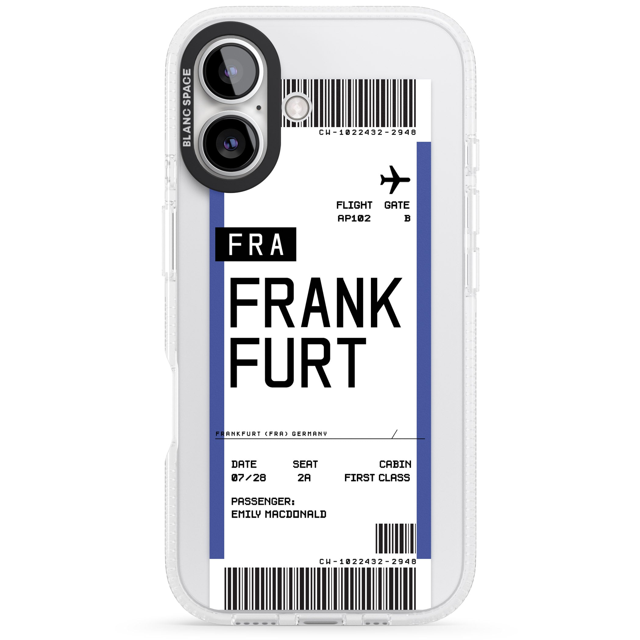 Personalised Frankfurt Boarding Pass iPhone 16 / 16 Plus Clear Case Impact Air - Blanc Space