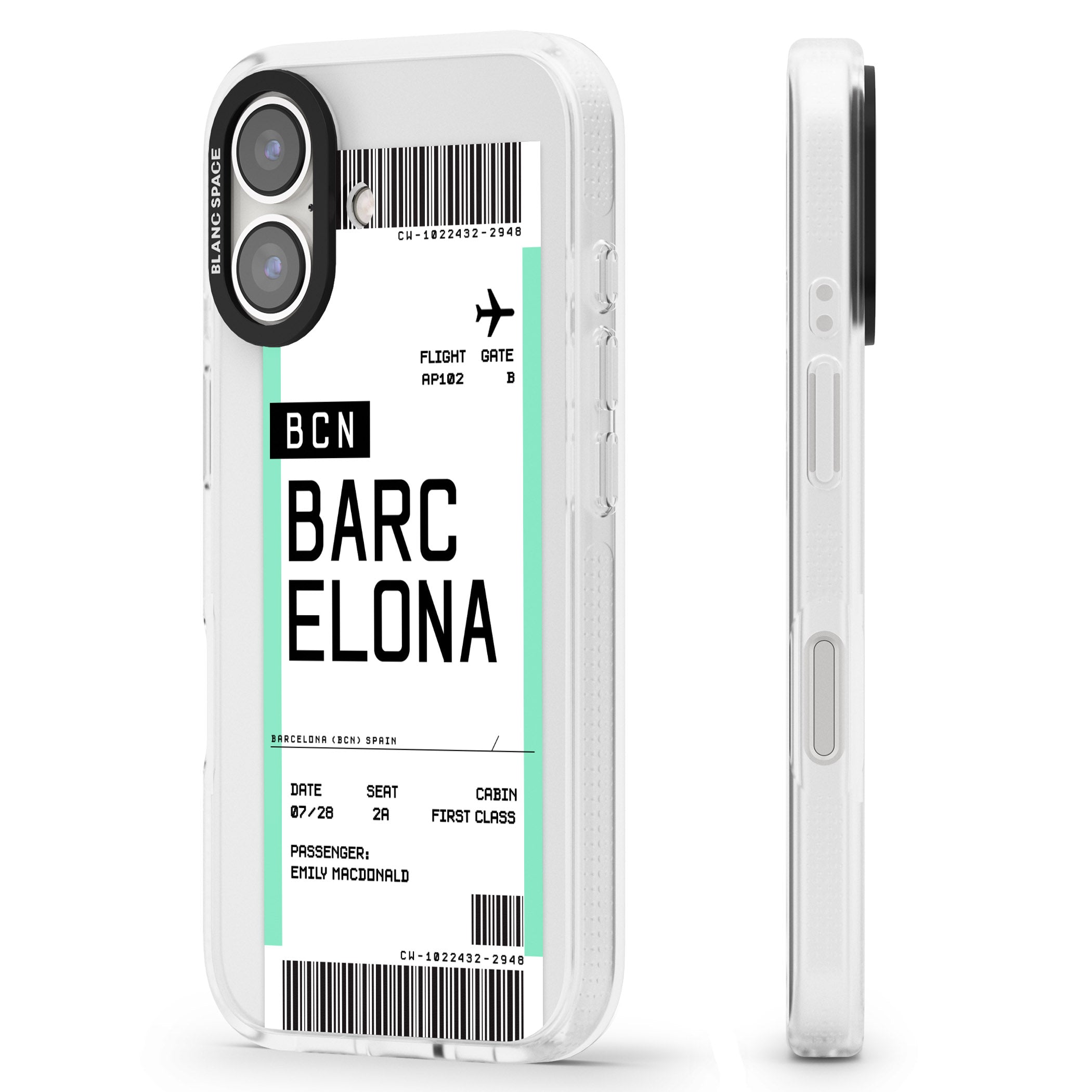 Personalised Barcelona Boarding Pass iPhone 16 / 16 Plus Clear Case Impact Air - Blanc Space
