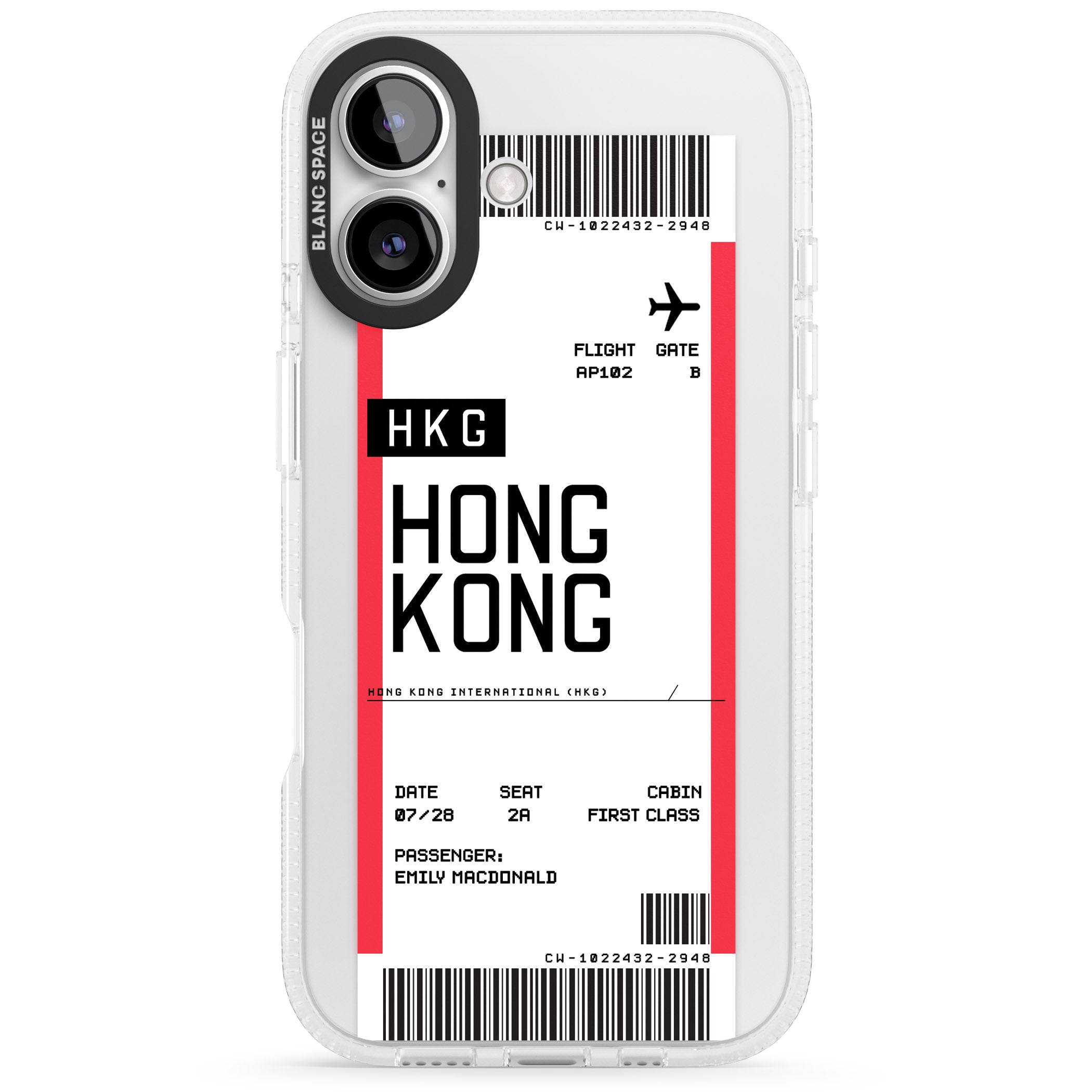 Personalised Hong Kong Boarding Pass iPhone 16 / 16 Plus Clear Case Impact Air - Blanc Space