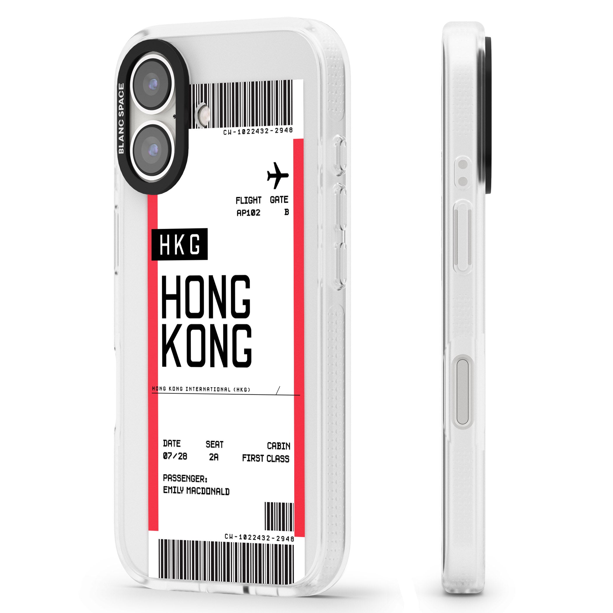 Personalised Hong Kong Boarding Pass iPhone 16 / 16 Plus Clear Case Impact Air - Blanc Space