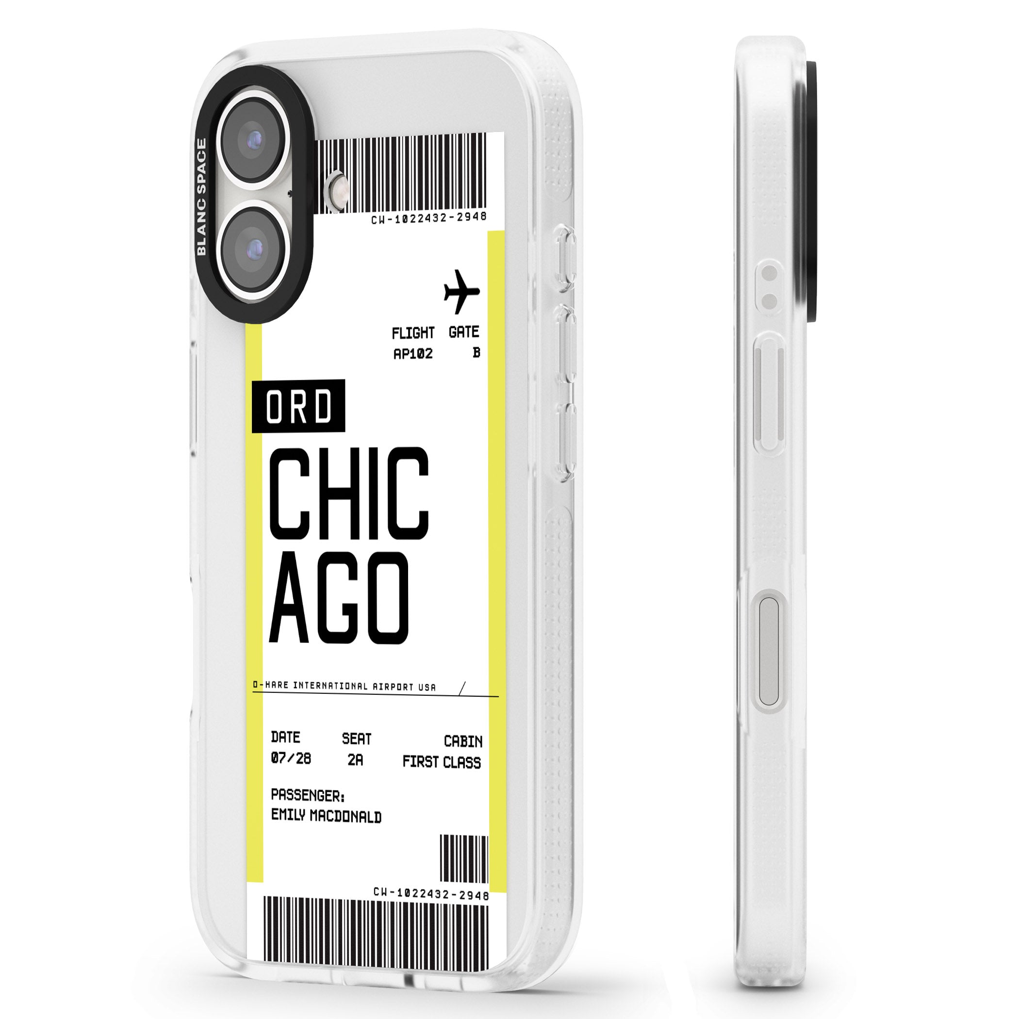 Personalised Chicago Boarding Pass iPhone 16 / 16 Plus Clear Case Impact Air - Blanc Space