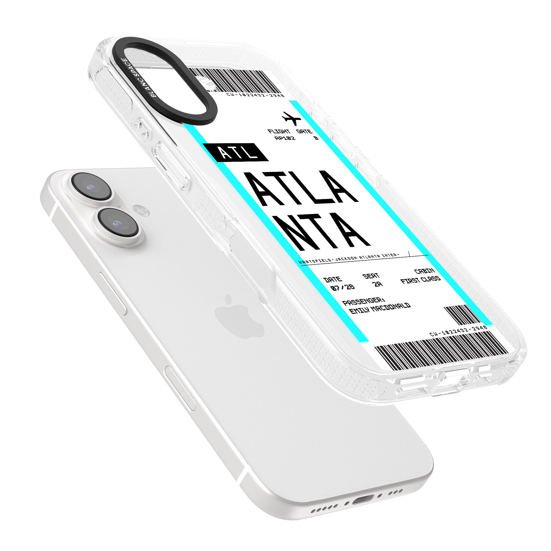 Personalised Atlanta Boarding Pass iPhone 16 / 16 Plus Clear Case Impact Air - Blanc Space