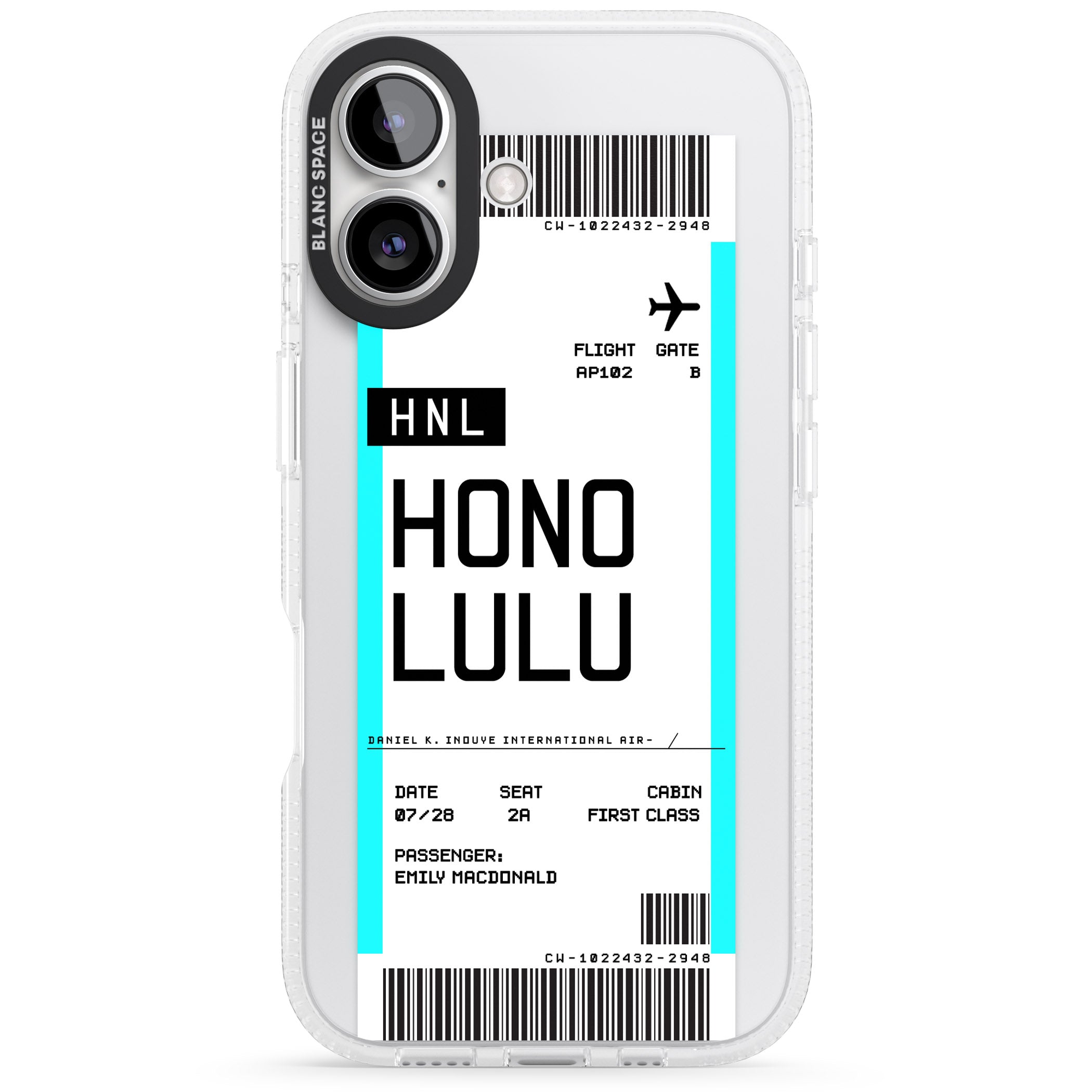Personalised Honolulu Boarding Pass iPhone 16 / 16 Plus Clear Case Impact Air - Blanc Space
