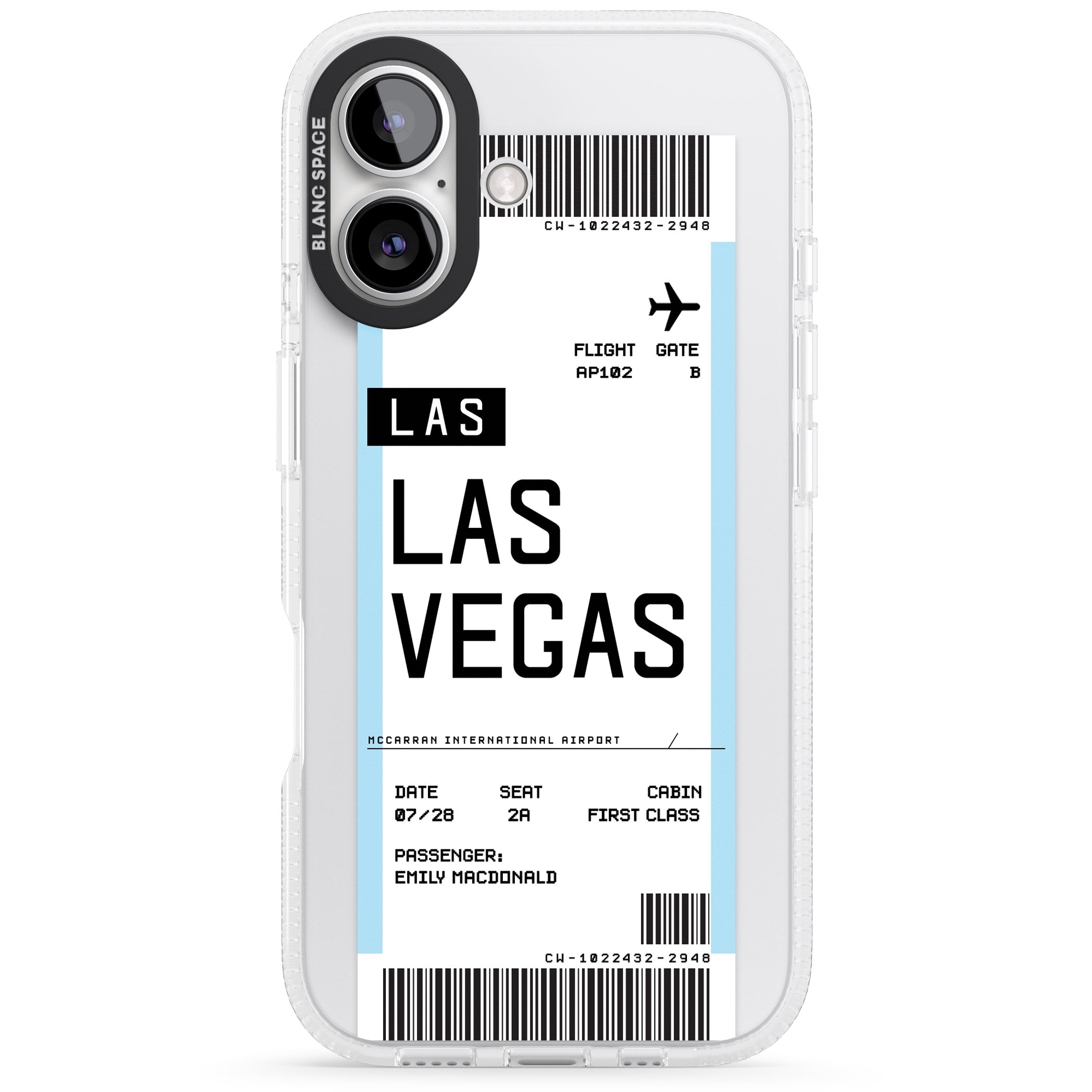 Personalised Las Vegas Boarding Pass iPhone 16 / 16 Plus Clear Case Impact Air - Blanc Space