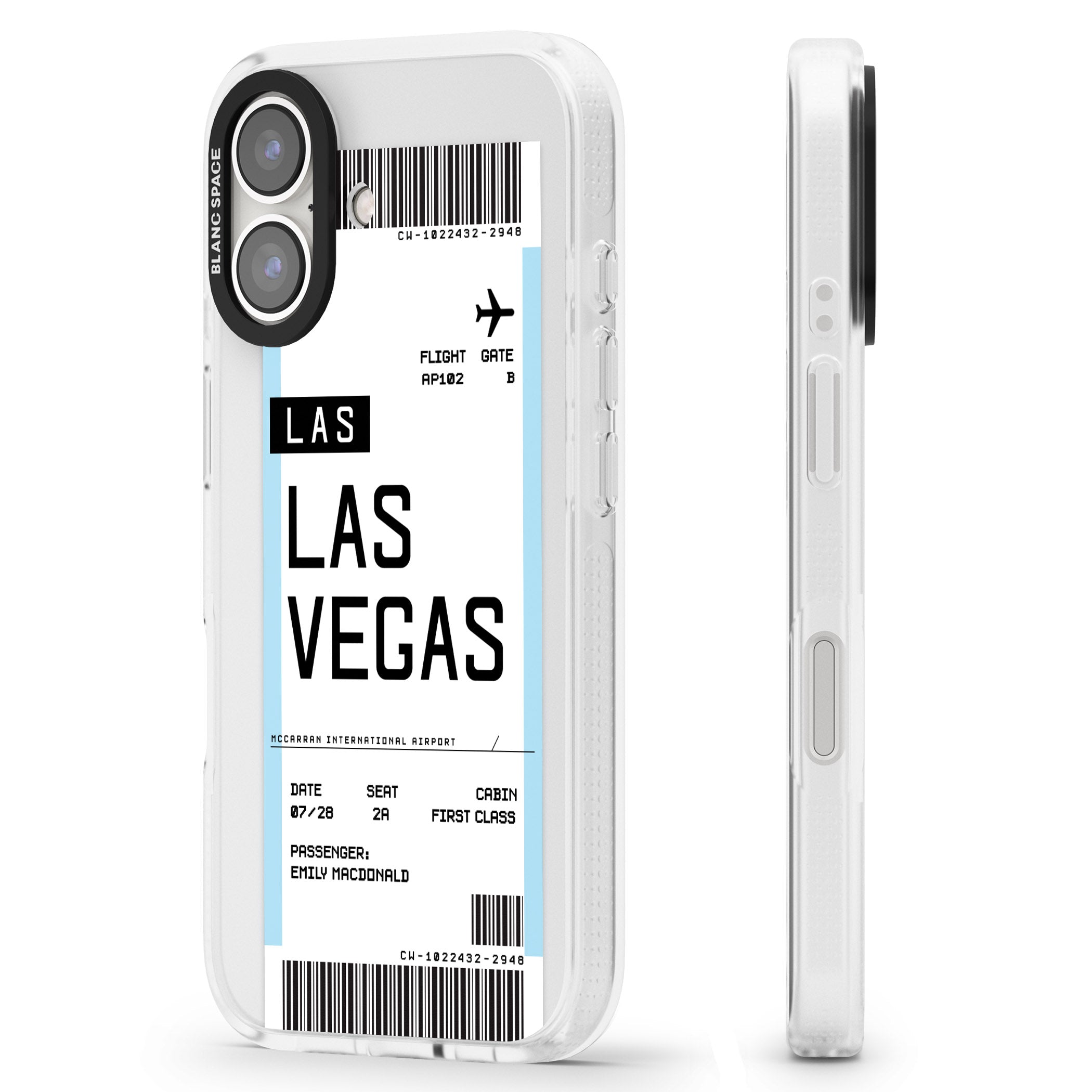Personalised Las Vegas Boarding Pass iPhone 16 / 16 Plus Clear Case Impact Air - Blanc Space