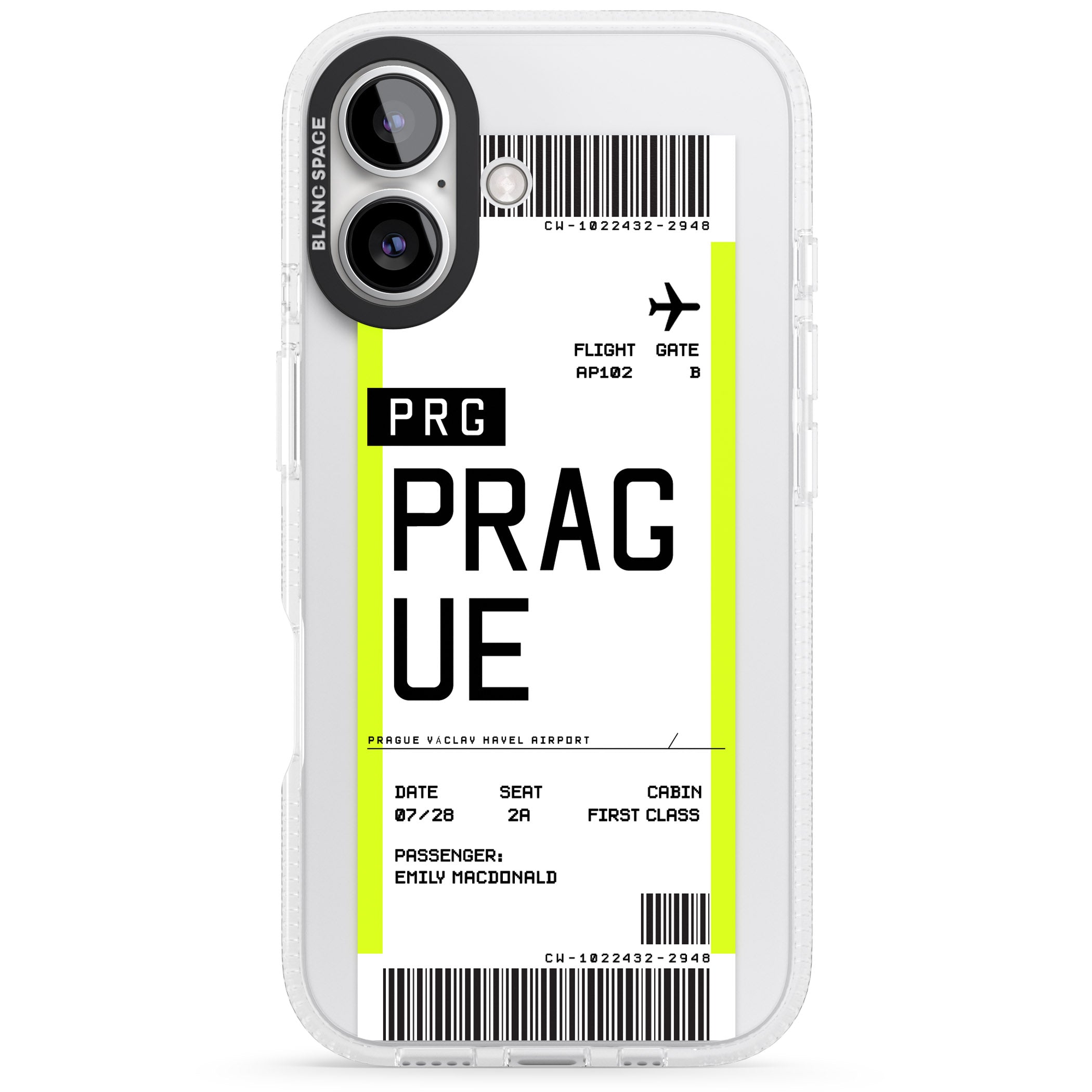 Personalised Prague Boarding Pass iPhone 16 / 16 Plus Clear Case Impact Air - Blanc Space