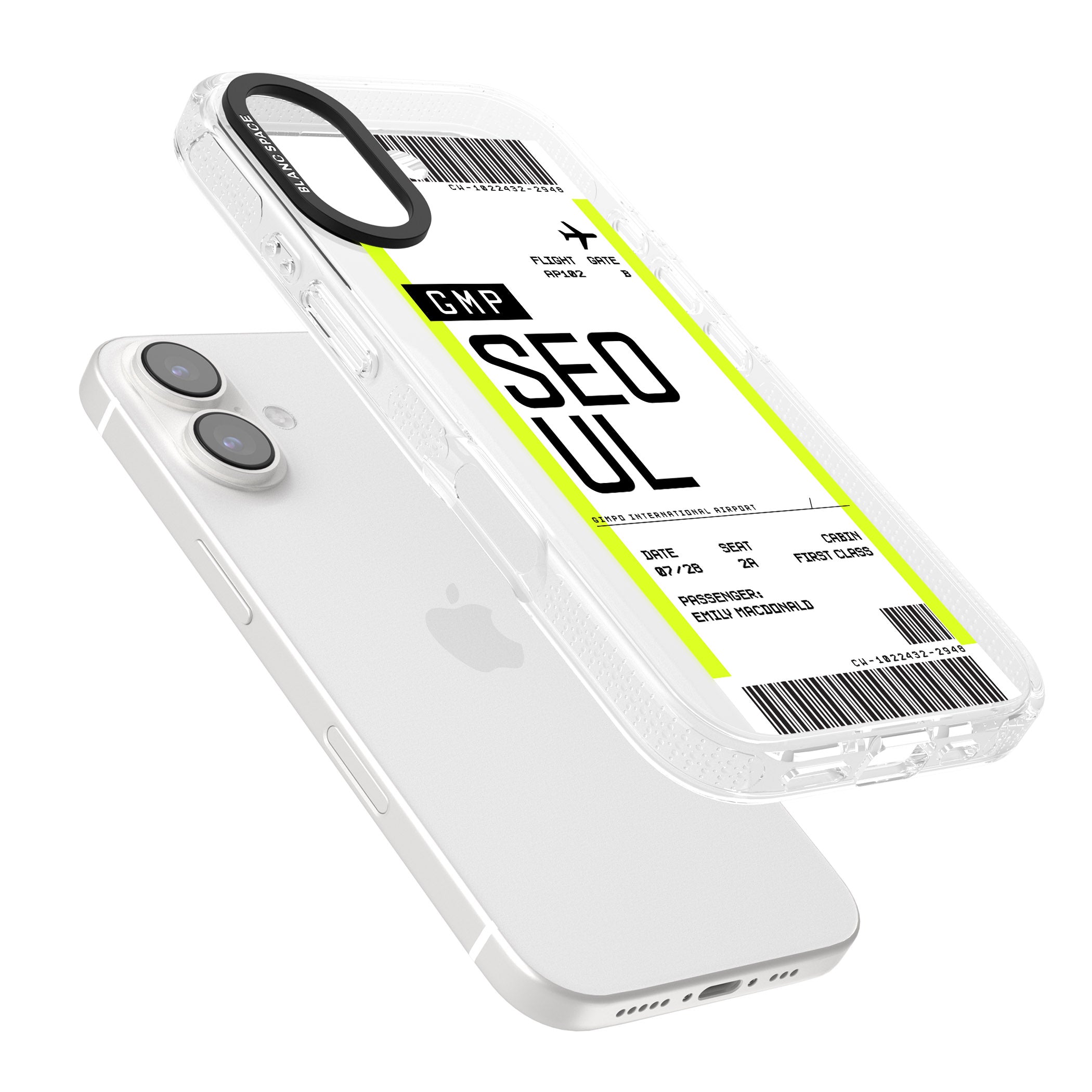 Personalised Seoul Boarding Pass iPhone 16 / 16 Plus Clear Case Impact Air - Blanc Space