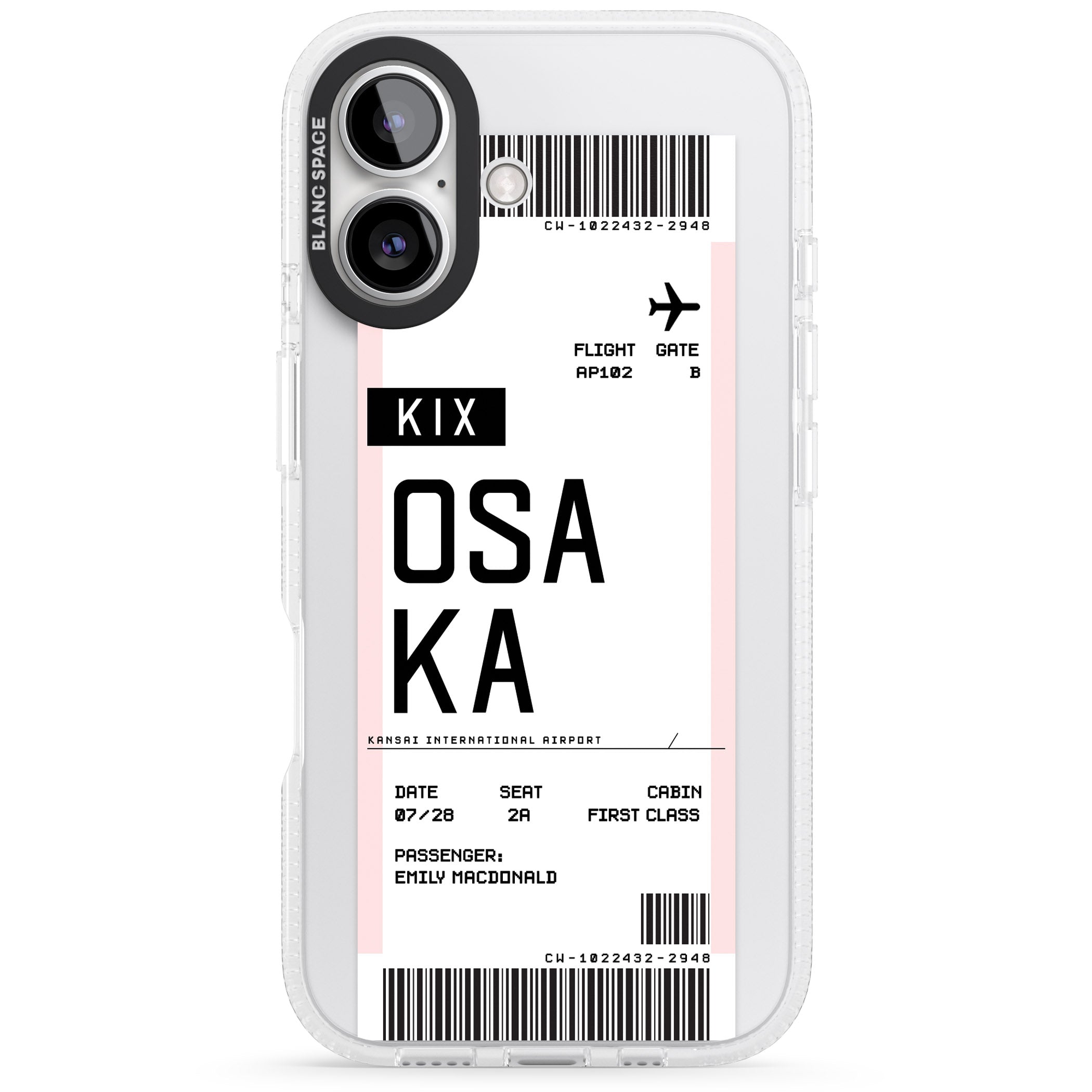 Personalised Osaka Boarding Pass iPhone 16 / 16 Plus Clear Case Impact Air - Blanc Space