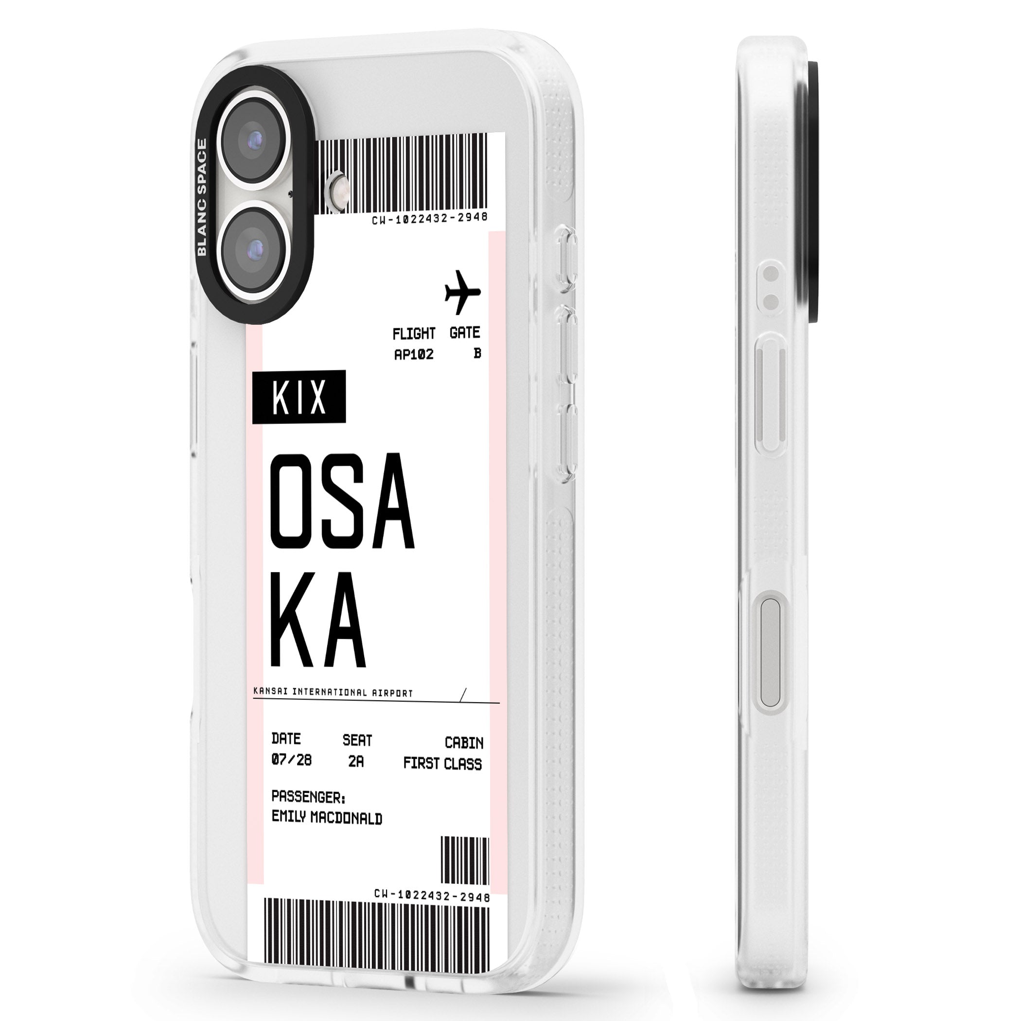 Personalised Osaka Boarding Pass iPhone 16 / 16 Plus Clear Case Impact Air - Blanc Space