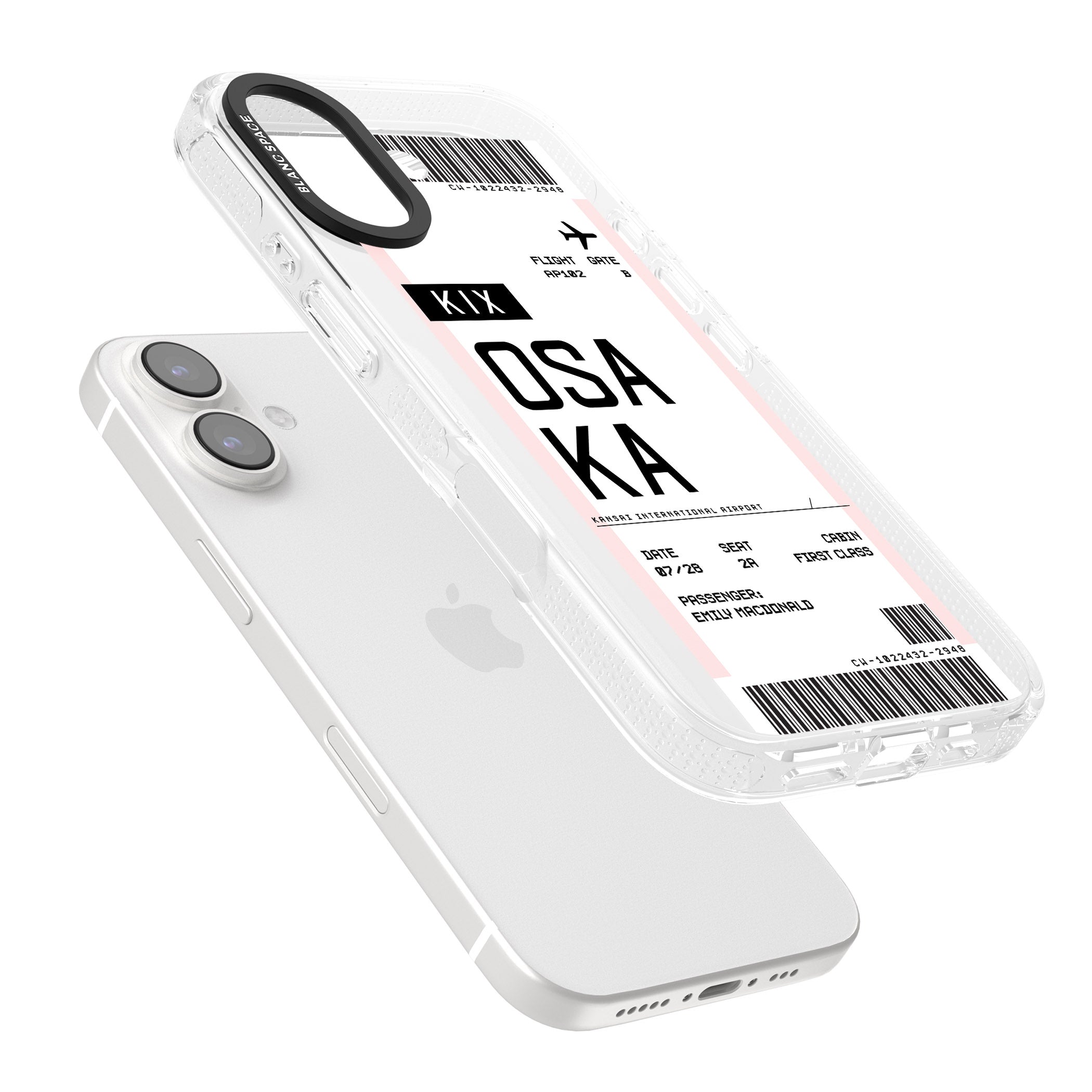 Personalised Osaka Boarding Pass iPhone 16 / 16 Plus Clear Case Impact Air - Blanc Space