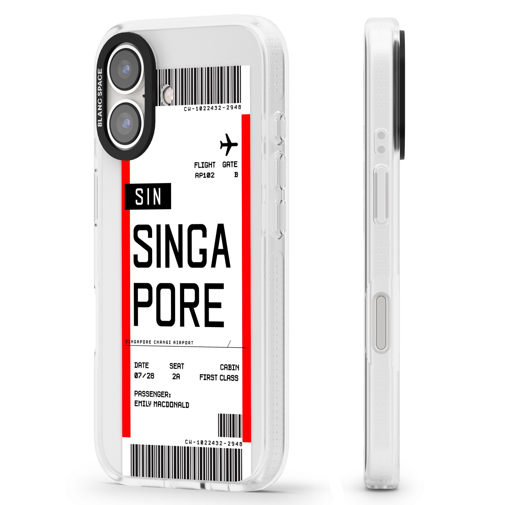 Personalised Singapore Boarding Pass iPhone 16 / 16 Plus Clear Case Impact Air - Blanc Space