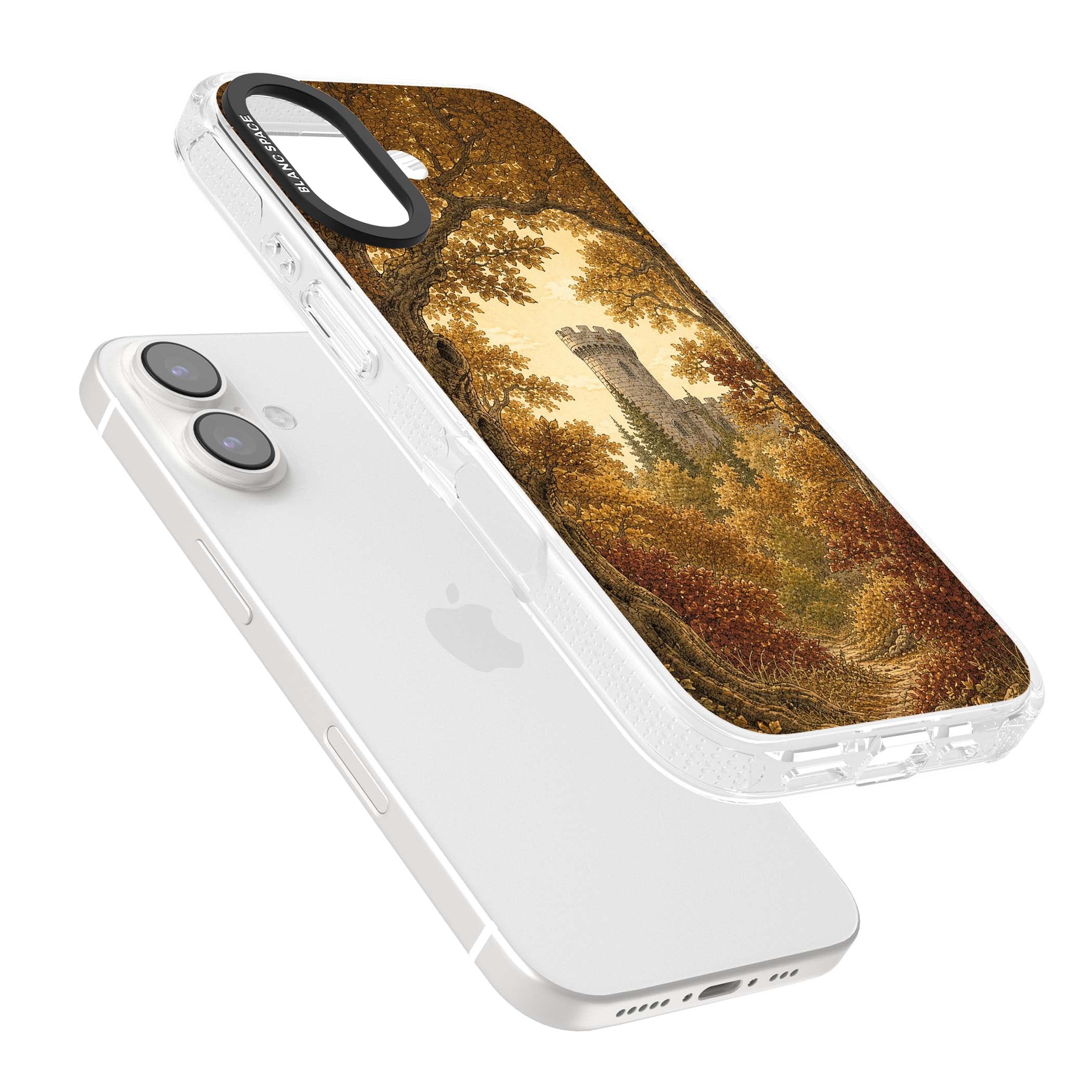 Autumn Keep cottagecore iPhone case featuring a medieval castle tower framed by golden autumn trees and woodland foliage | Clear Case Impact Air case for iPhone 16, iPhone 16 Plus