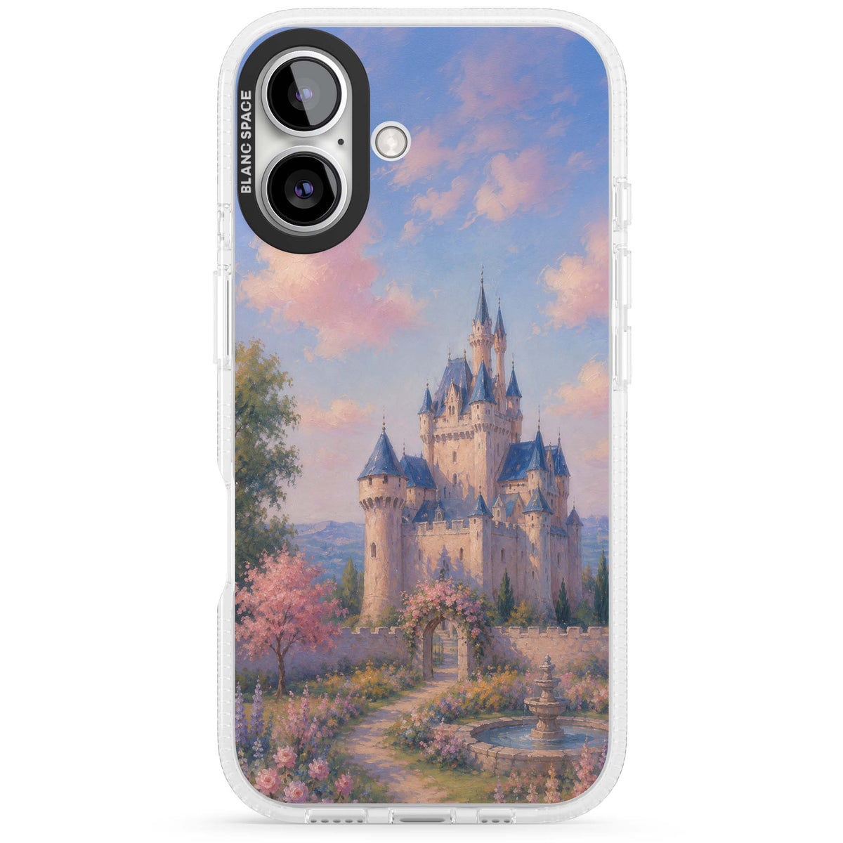 Enchanted Kingdom fairytale iPhone case featuring a romantic castle painting with cherry blossoms and pastel pink sky | Clear Case Impact Air case for iPhone 16, iPhone 16 Plus