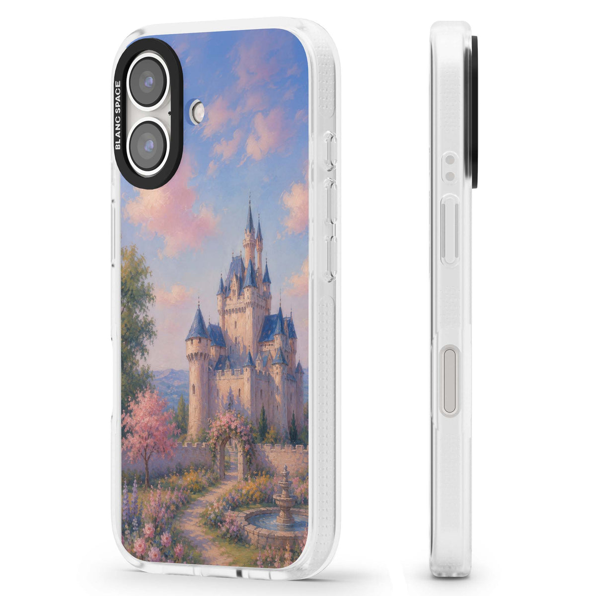 Enchanted Kingdom fairytale iPhone case featuring a romantic castle painting with cherry blossoms and pastel pink sky | Clear Case Impact Air case for iPhone 16, iPhone 16 Plus