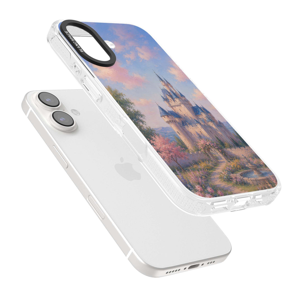 Enchanted Kingdom fairytale iPhone case featuring a romantic castle painting with cherry blossoms and pastel pink sky | Clear Case Impact Air case for iPhone 16, iPhone 16 Plus