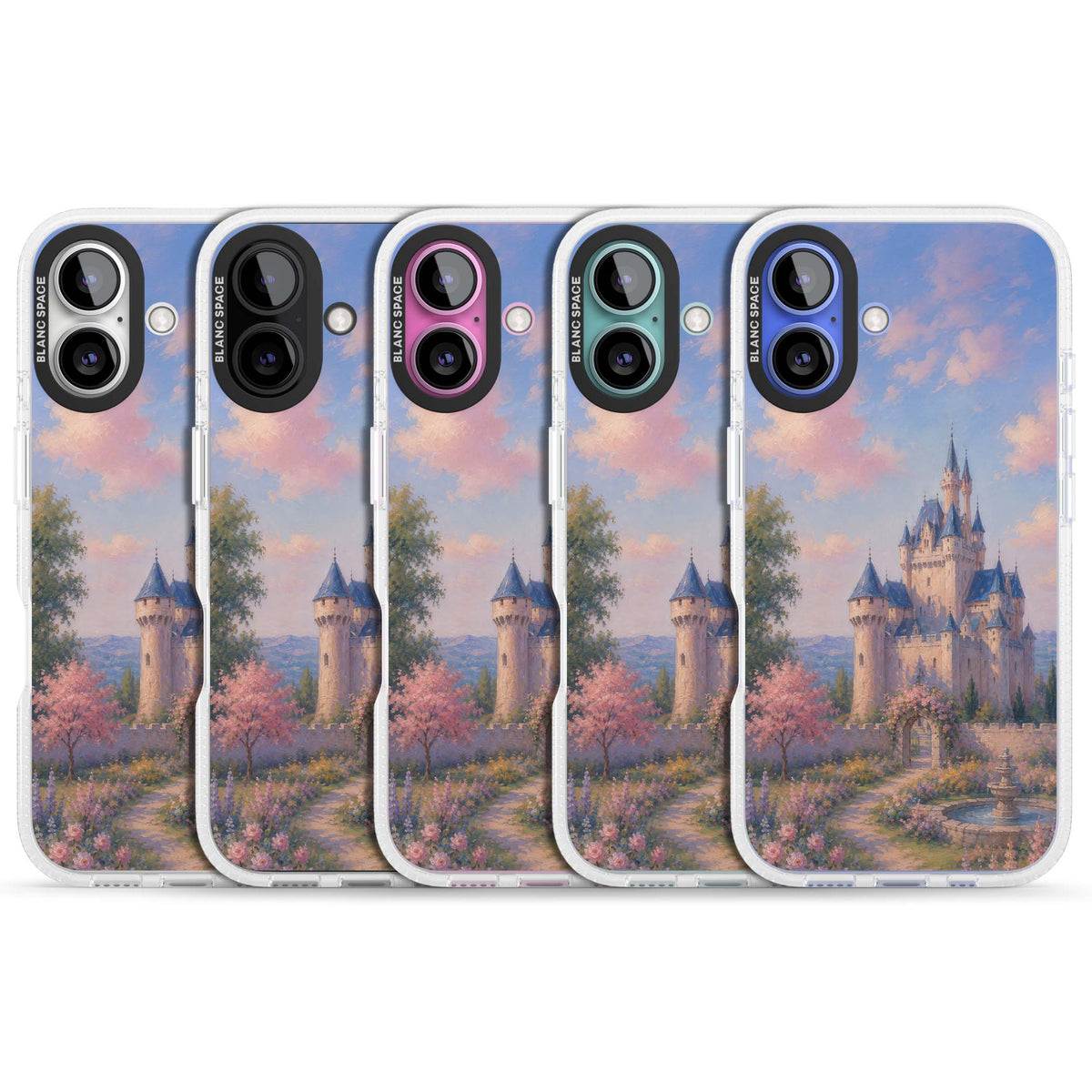 Enchanted Kingdom fairytale iPhone case featuring a romantic castle painting with cherry blossoms and pastel pink sky | Clear Case Impact Air case for iPhone 16, iPhone 16 Plus
