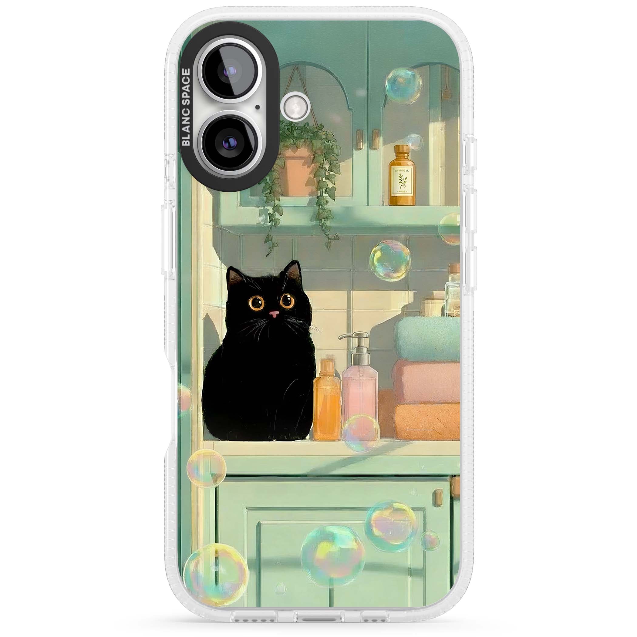 Bathroom Bubble Kitty cottagecore iPhone case featuring a black cat, mint bathroom scene and floating soap bubbles | Clear Case Impact Air case for iPhone 16, iPhone 16 Plus