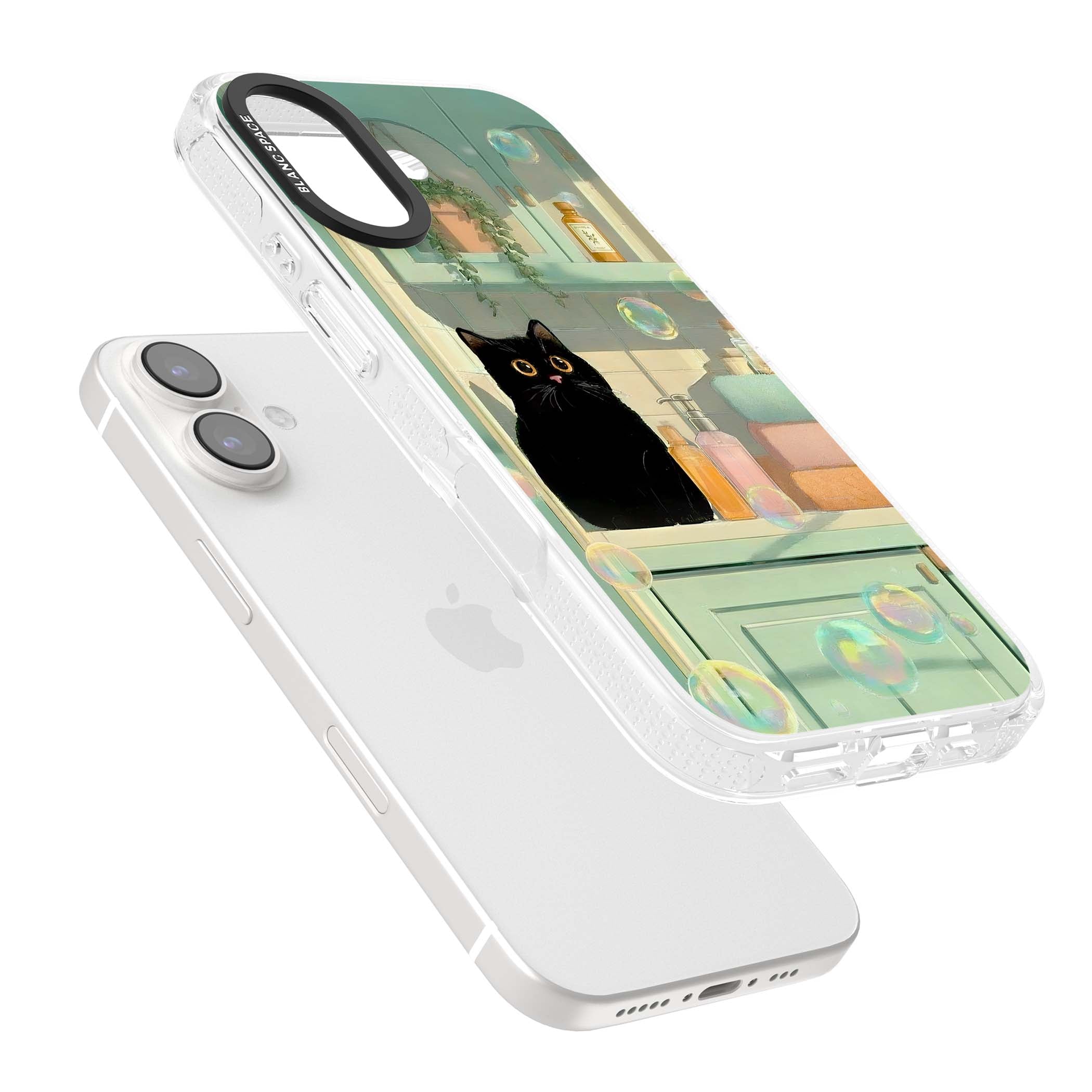 Bathroom Bubble Kitty cottagecore iPhone case featuring a black cat, mint bathroom scene and floating soap bubbles | Clear Case Impact Air case for iPhone 16, iPhone 16 Plus