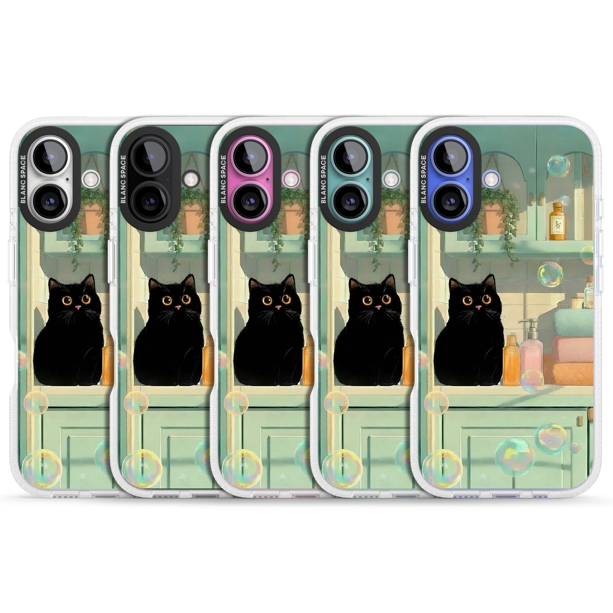 Bathroom Bubble Kitty cottagecore iPhone case featuring a black cat, mint bathroom scene and floating soap bubbles | Clear Case Impact Air case for iPhone 16, iPhone 16 Plus