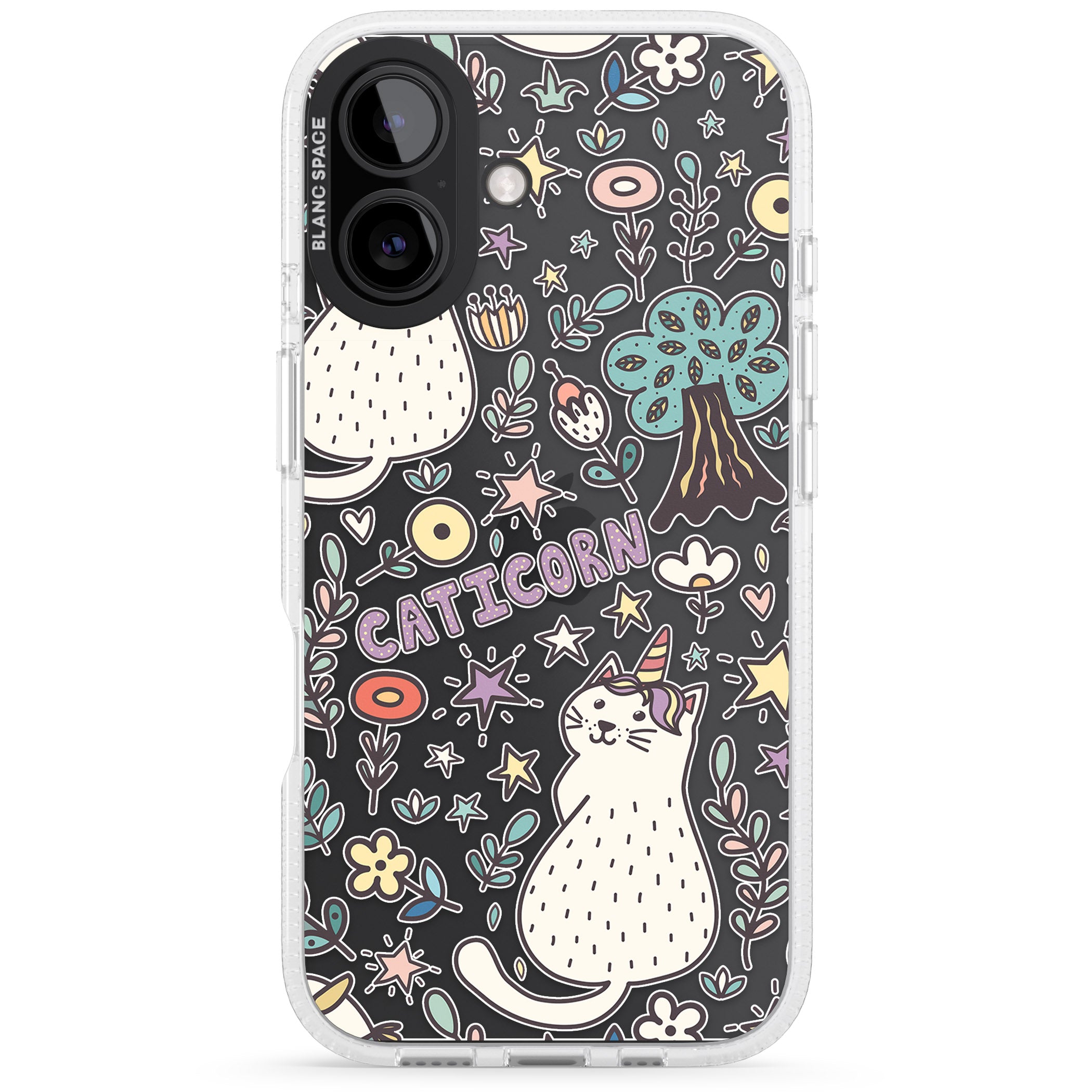 Caticorn pattern iPhone 16 / 16 Plus Clear Case Impact Air - Blanc Space